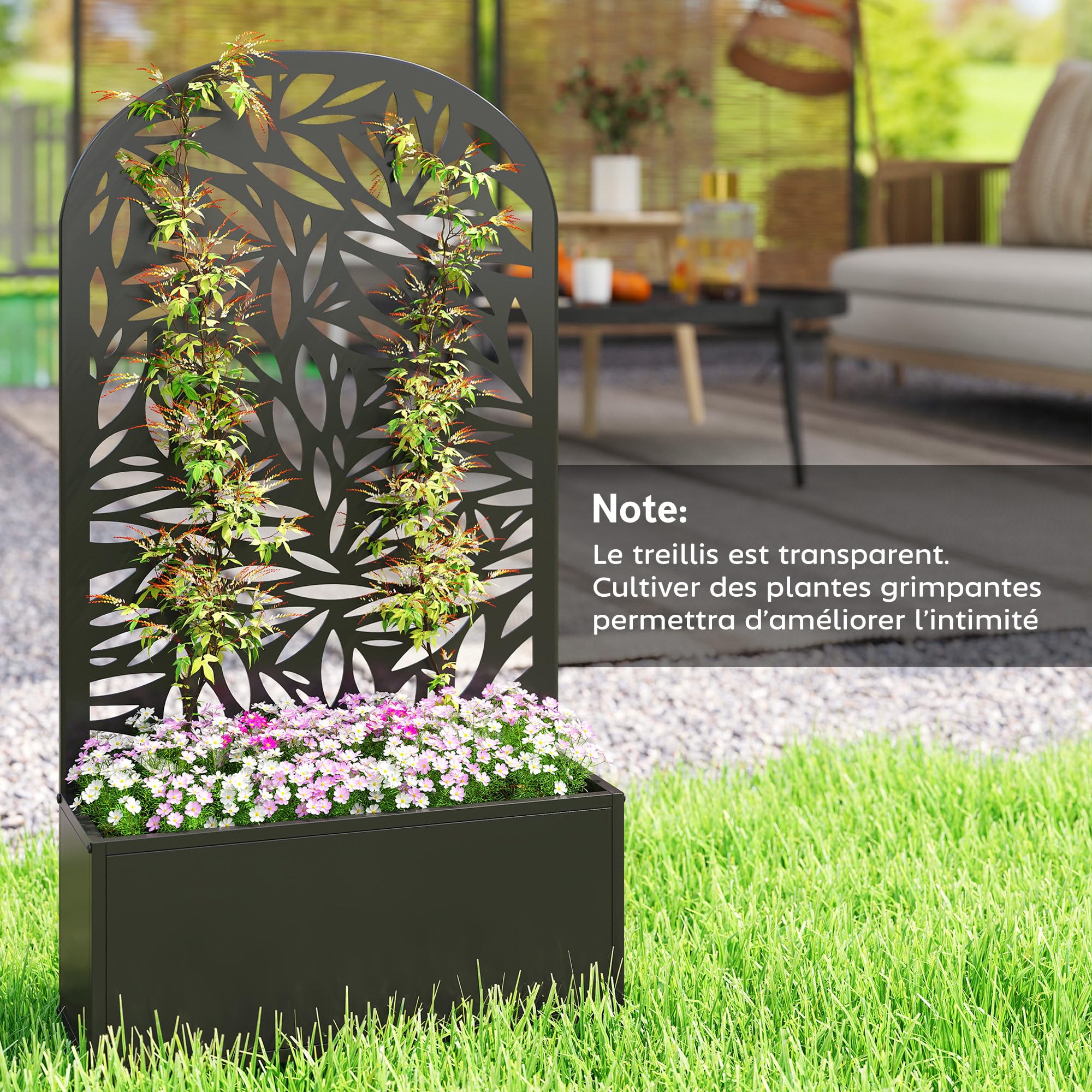 Outsunny Jardinière avec Treillis, Bac à Fleurs Métal, 61x23x113cm Noir | Lit Surélevé avec Brise-vue Découpé en Feuilles, Fixation Mur ou Sol, pour Plantes Grimpantes, Légumes, Fleurs