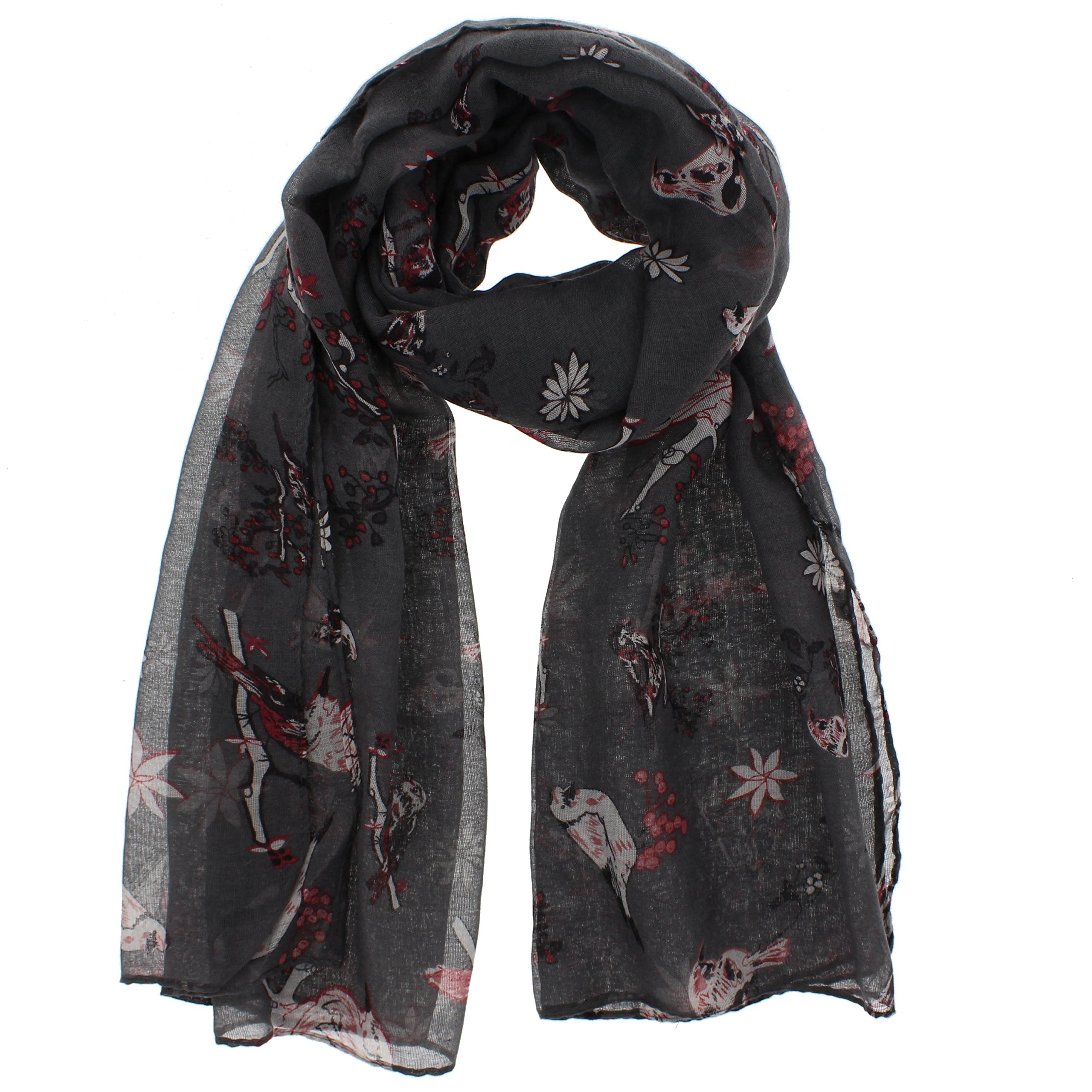 Zac's Alter Ego Women's Grey Lightweight Robin & Floral Print Oversized Scarf