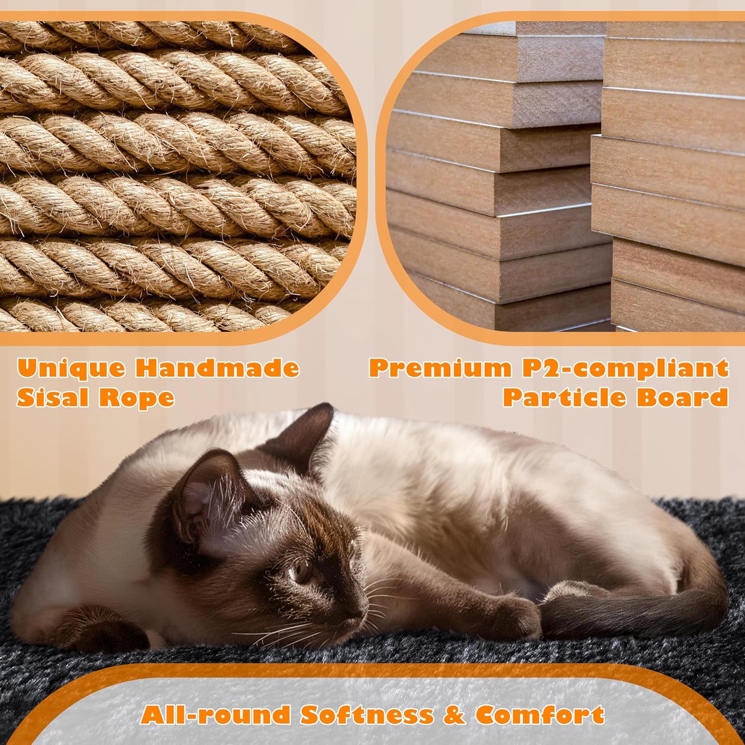 Close-up of the fluffy large and small condos on the cat tree, providing private spaces for cats.