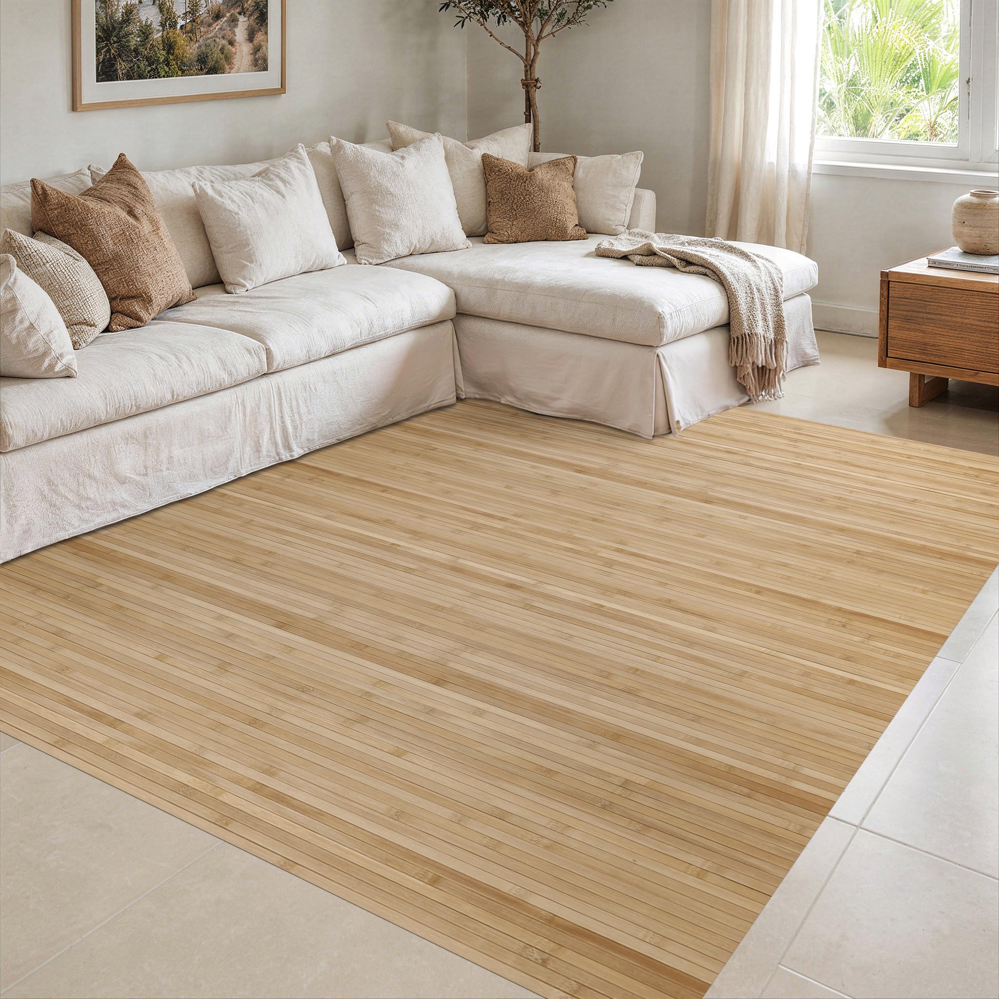 STORESDECO - Tapis Antidérapant en Bambou Naturel Idéal pour Le Salon, Le Couloir, La Salle De Bain... Effet Parquet ! Disponible en Grandes Tailles | Marron Clair, 50 cm x 200 cm