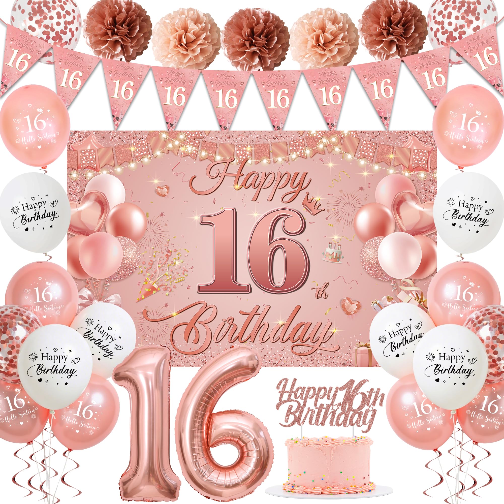 Sroeeshee 16th Birthday Decorations for Girls - Pink Rose Gold 44Pcs 16th Bday Balloon Backdrop Set with Pennant Banner Number 16 Balloons, Photo Backdrop Pom Poms Cake Topper for 16 Year Old Party