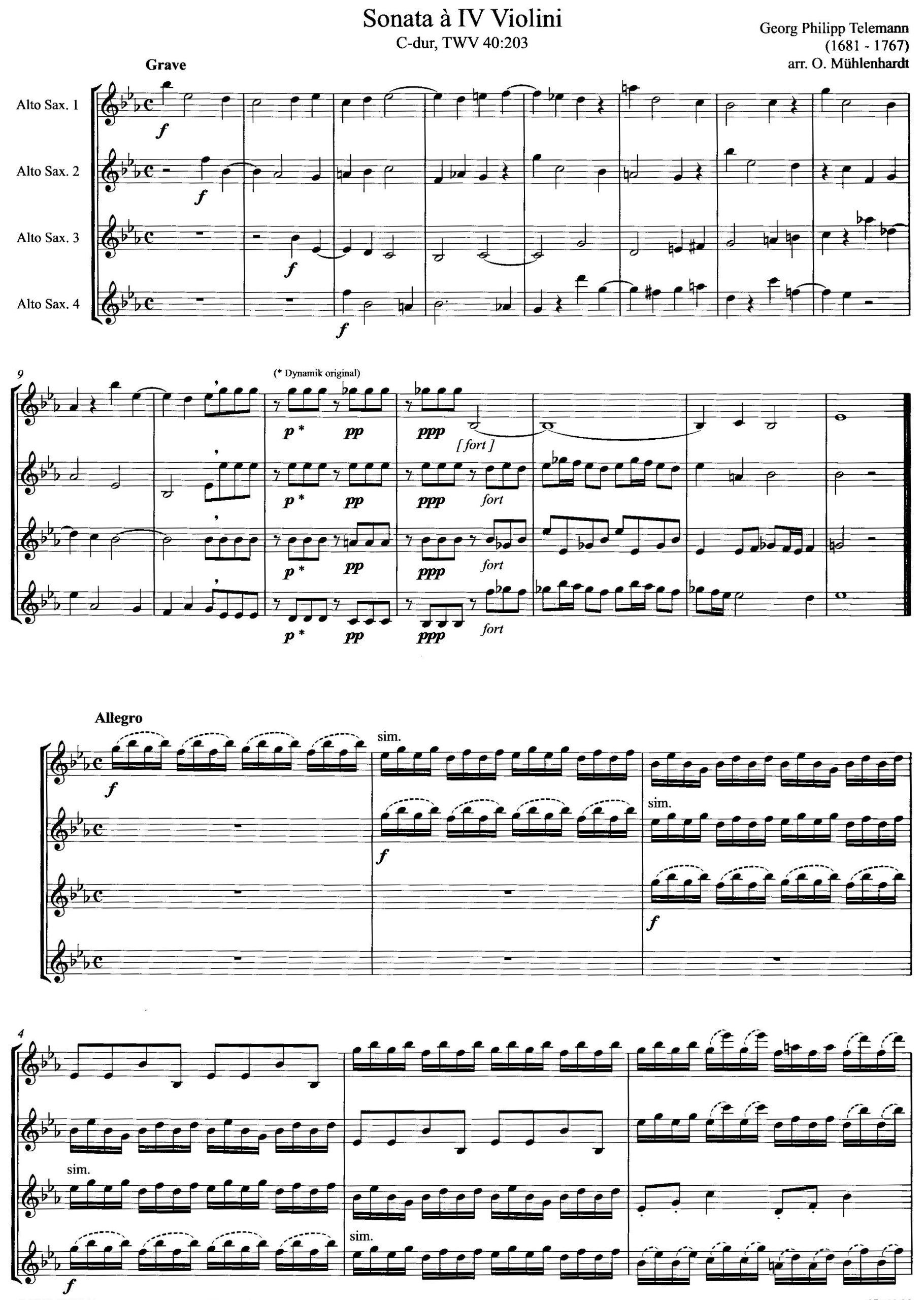 Sonata à IV Violini C major TWV 40:203 édition prestige pour 4 saxophones