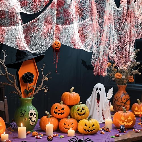 Vista 4 de Biubee 5Pcs Halloween Blood Red Creepy Cloth- Spooky Gauze Fabric Cloth for Haunted Horror House Halloween Party Doorway Outdoors Decoration