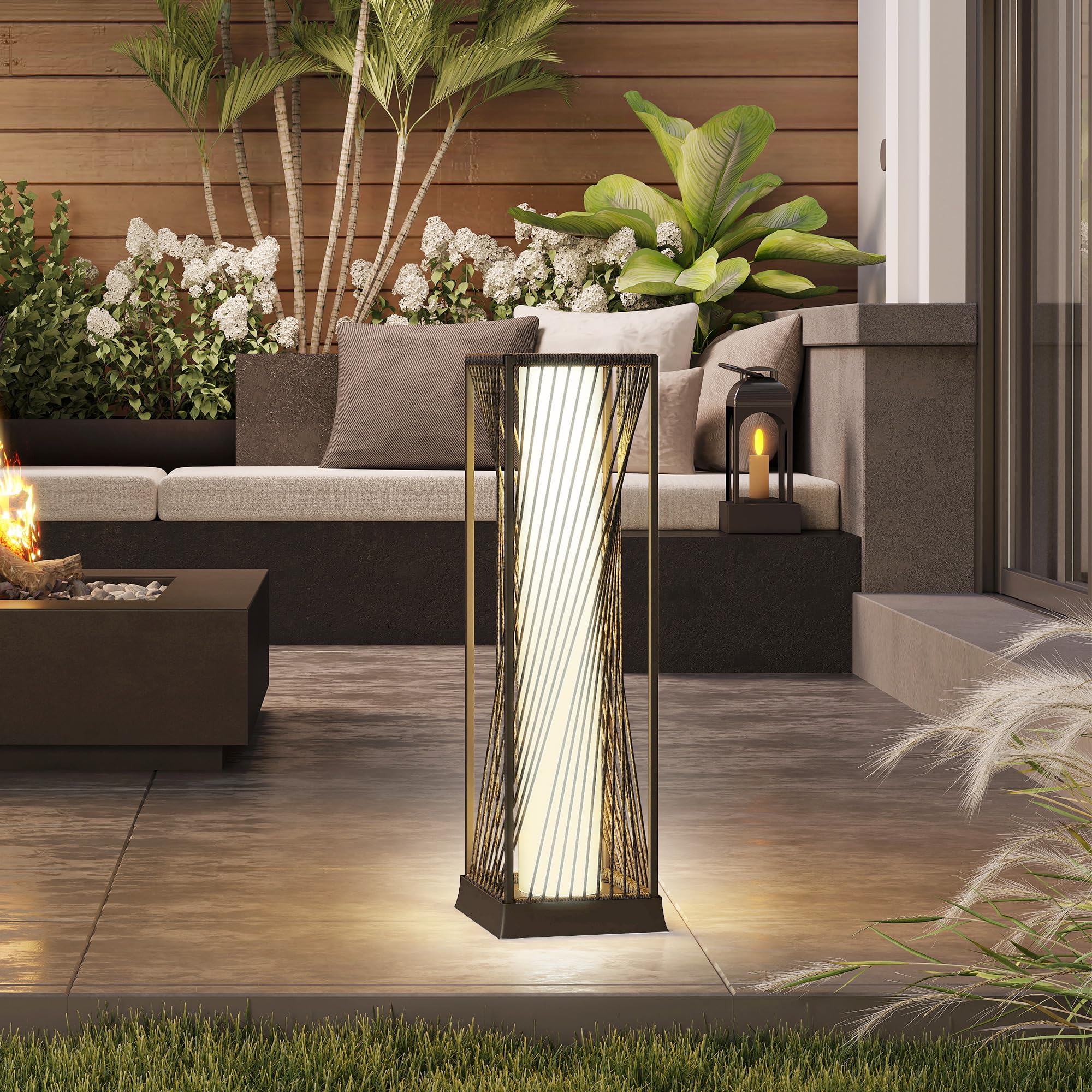 Outsunny Linterna de Jardín de Ratán Sintético Farola Solar con Luces LED Encendido y Apagado Automático Impermeable para Terraza Balcón Patio 22x22x77 cm Gris