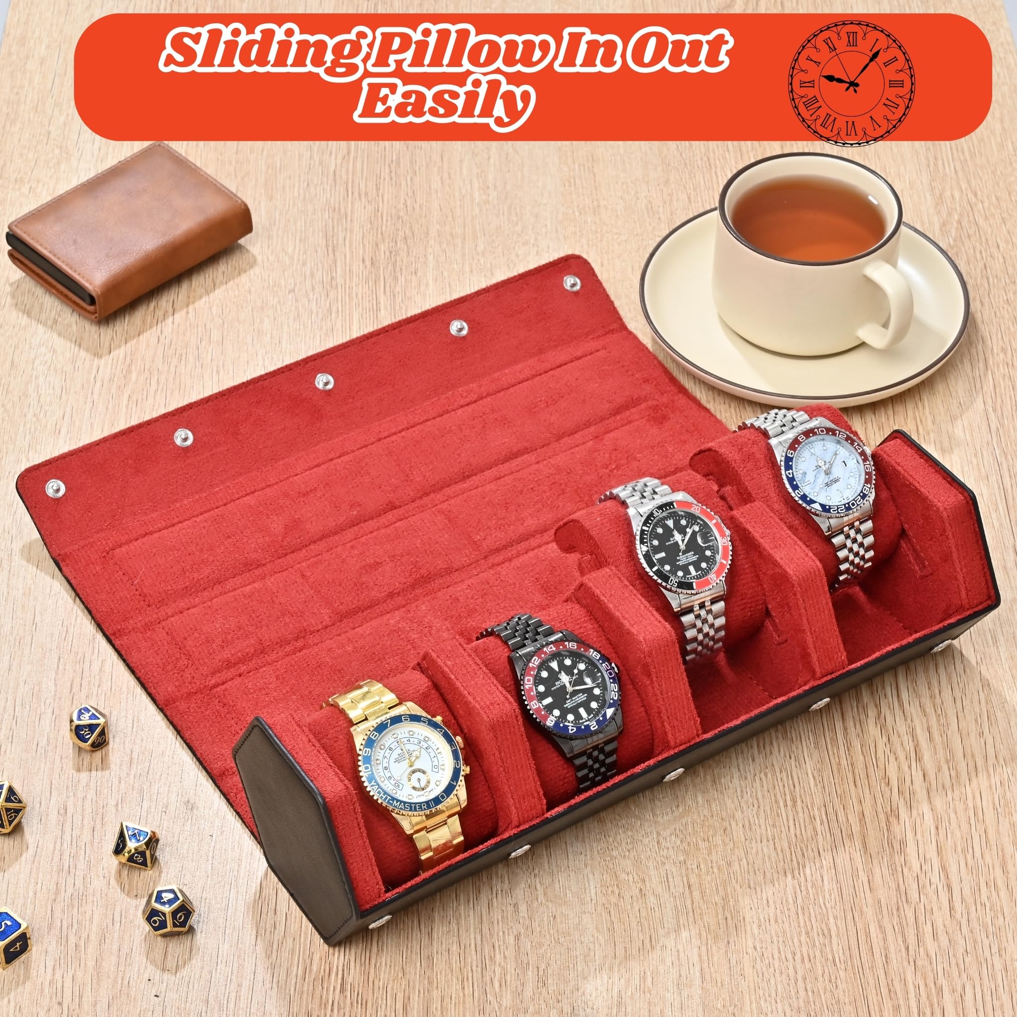 Rollo de reloj de cuero para 4 relojes, funda de viaje forrada de terciopelo, organizador de rollos de reloj de lujo con almacenamiento y exhibición para hombres (4 ranuras, negro/rojo)