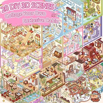 20 Sets Sticker Scene Books, 3D House Sticker Therapy Book for Adults Kids | Stress Relief, Creative Reusable DIY Stickerbook Kit with Stickers, Miniature Rooms, Tweezers, Gift for Teen Girl Boy