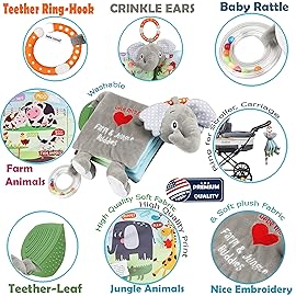 Elephant Touch and Feel Baby Books Toys 0-6 Months, Loveys Crinkle Books for Babies,Infant Toys 6-12-18 Months 1-2 Year Old, Baby Shower Easter Gifts Soft Cloth Book Teething Rattle for Boys Girls