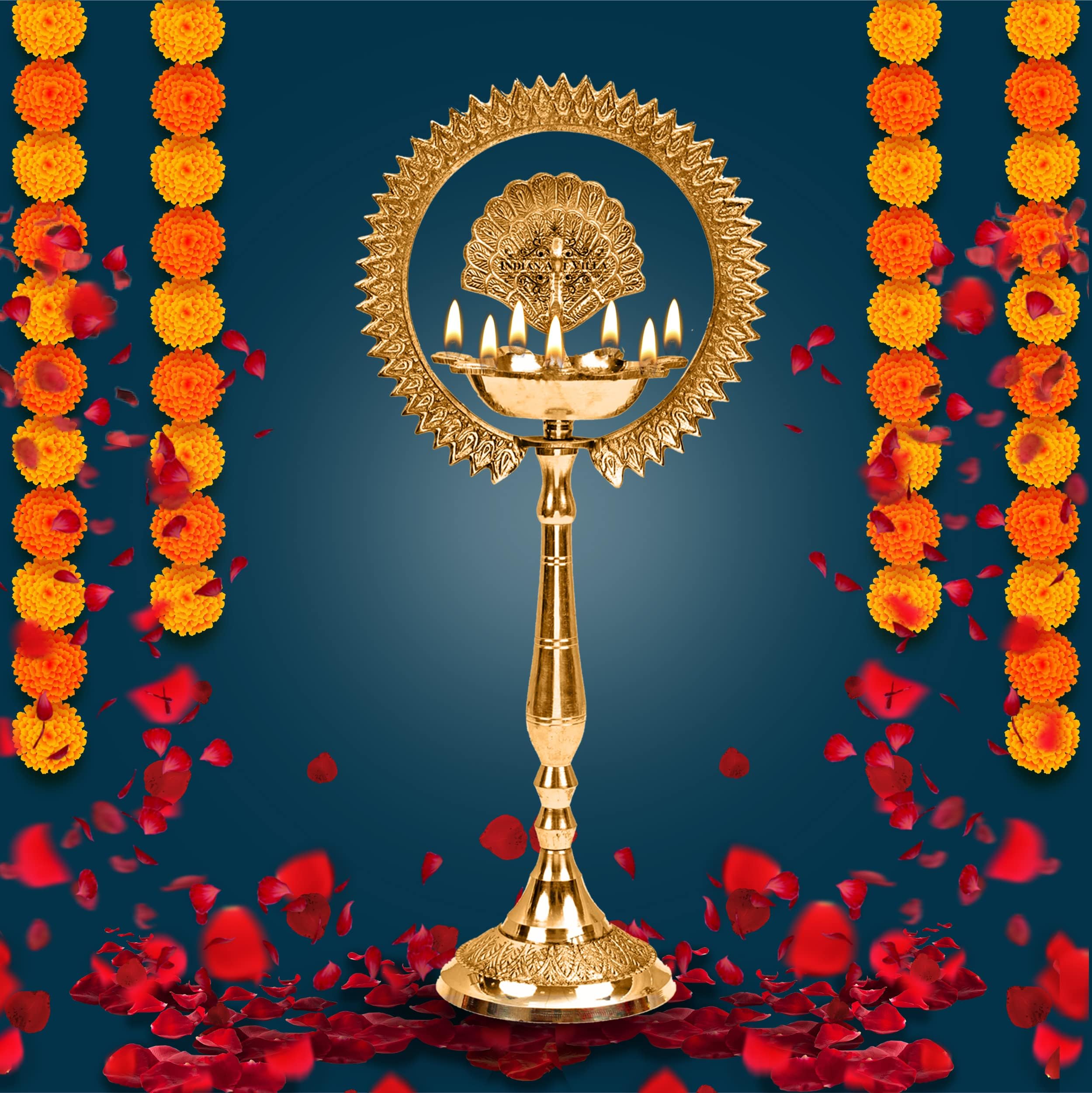 Indian Art Villa Pure Brass Stand/Pillar Diya/Deepak/Lamp/Lantern with Peacock Design, Puja, Home Decor & Diwali Gift Item, Height-14 Inches