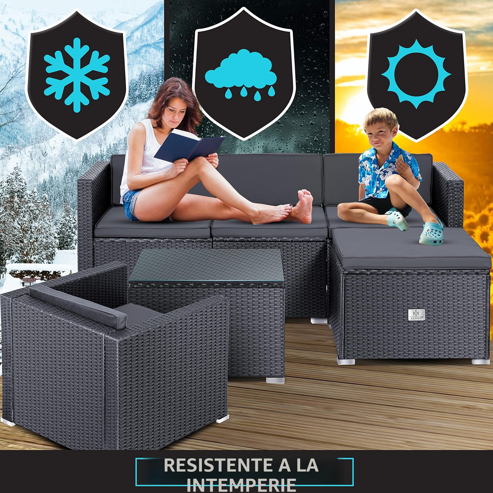 KESSER® Polyrattan Lounge Aruba, Juego de jardín para 4-5 Personas, Conjunto de Muebles de jardín, Grupo de 3 sofá de jardín, sillón, Taburete y Mesa Auxiliar con Cojines de Asiento