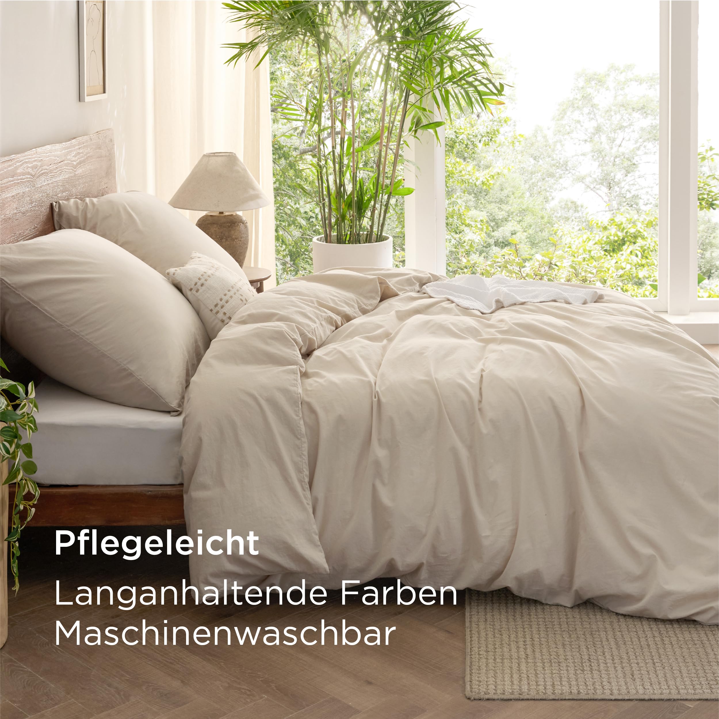 BEDSURE Ropa de cama de 135 x 200 cm, algodón de 4 piezas, juego de ropa de cama de verano, color beis, juego de 2 unidades con 2 fundas de almohada de 80 x 80 cm, textura similar al lino lavado