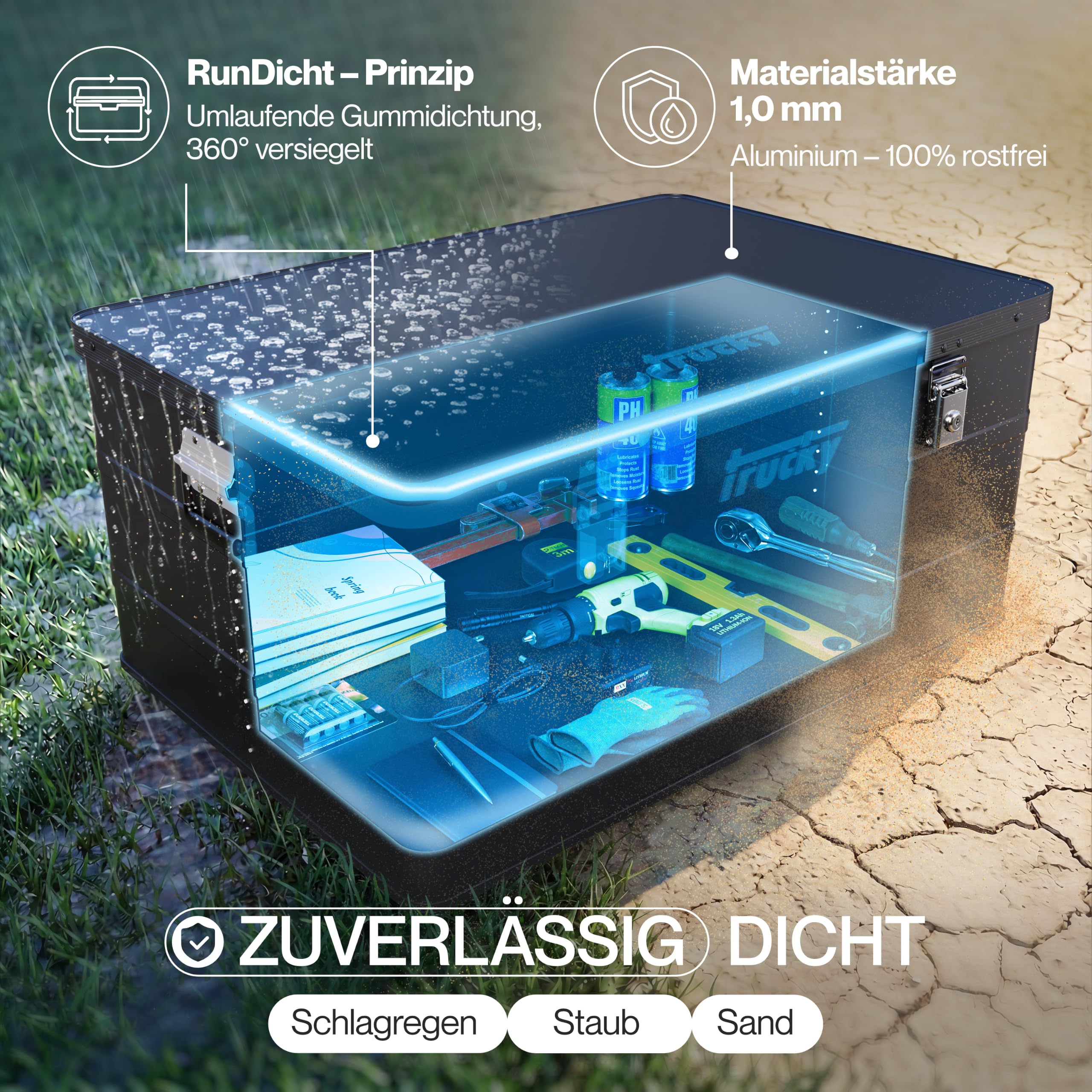 Aluminiowe pudełko z pokrywką, kolor czarny, skrzynka aluminiowa, skrzynka transportowa, metalowa, zamykana, metalowa skrzynka do przechowywania, możliwość wyboru pudełka 5: 79 x 55 x 37 cm / 135 l