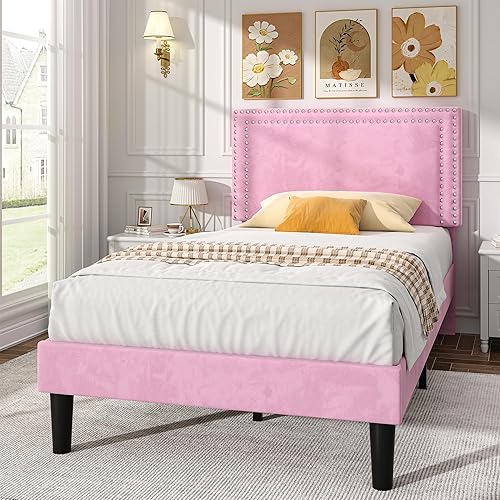 VECELO Twin Size Platform Bed Frame with Height Adjustable Upholstered Headboard, Strong Wood Slat Support, No Box Spring Needed, Easy Assembly