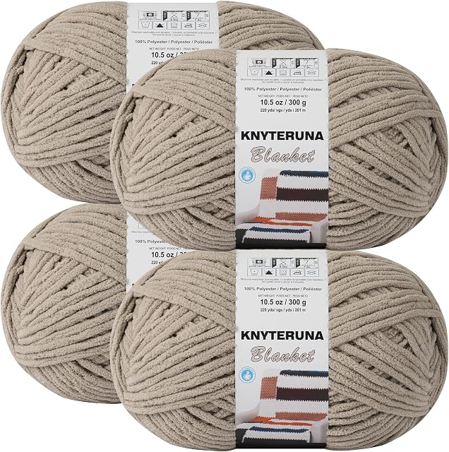 #6 Super Bulky Blanket Yarn for Crocheting - 4 Skeins(Each 10.5oz/300g, 220yds/201m), Chunky Chenille Thick Plush Big Soft Yarn for Crocheting Knitting Blankets, Khaki