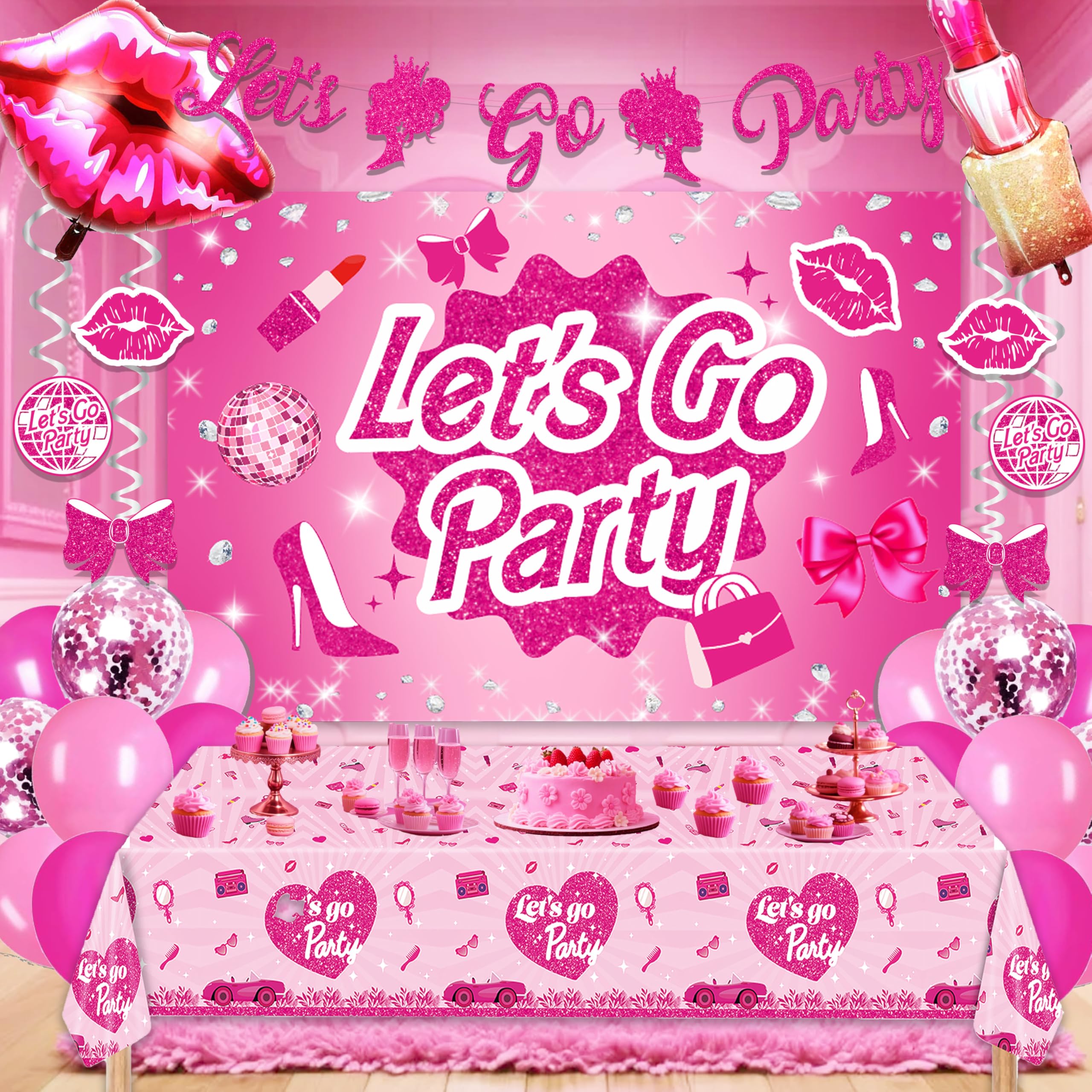 Hot Pink Party Decorations For Girls,Banner,Pink Balloons,Tablecloth,Paper pom poms Party Supplies for Women