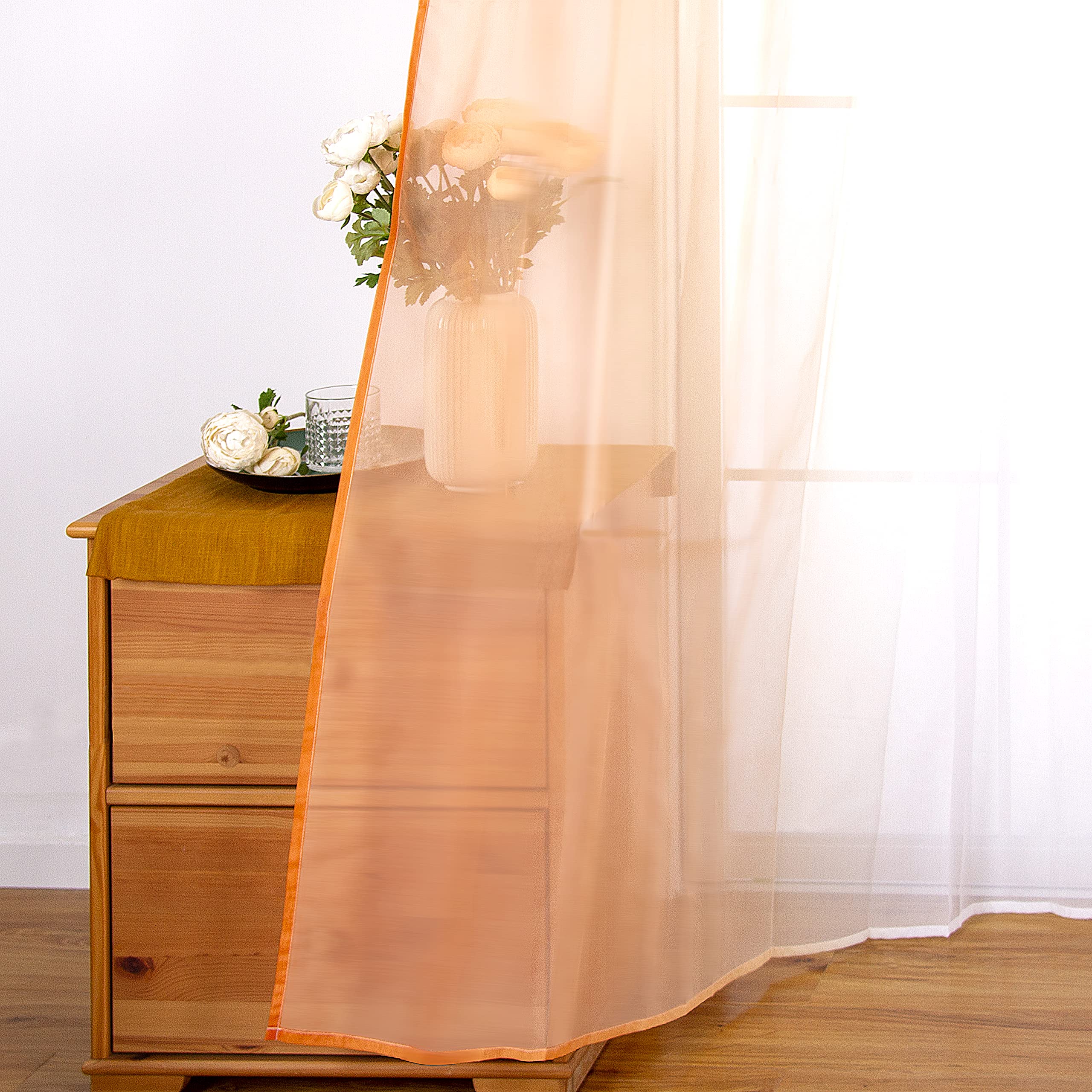 SIMPVALE 2 Pezzi Tende Trasparente - Tenda in Voile di Colore Stile Sfumato per Camera da letto Soggiorno Balcone, Arancione con bianco, 140x245cm