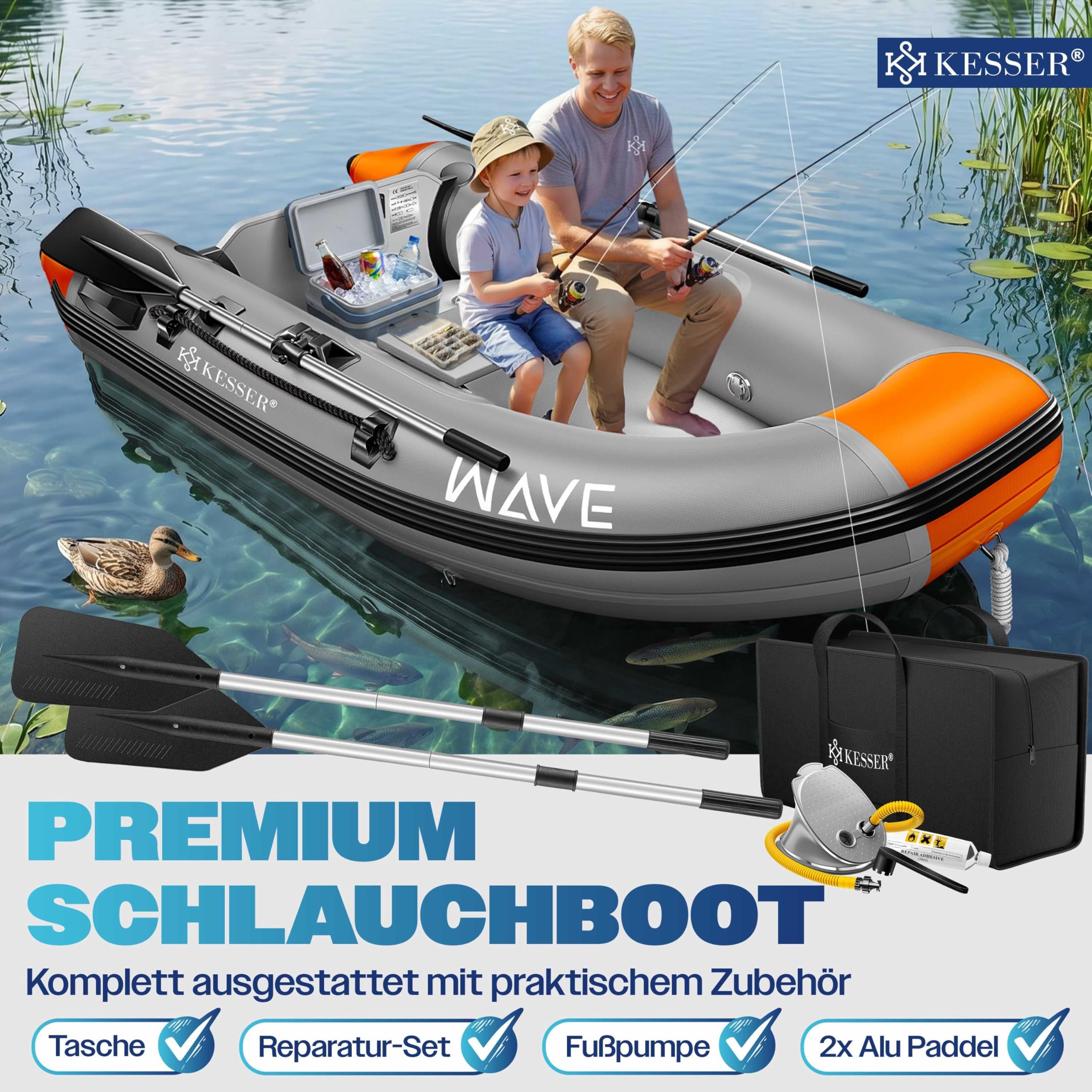 KESSER® Schlauchboot Wave 230-320 cm Set de 6 piezas inflable – Bote + banco, bomba de aire, remos, kit de reparación, bolsa, bote de pesca, bote a remo pequeño y grande - posible combinación con