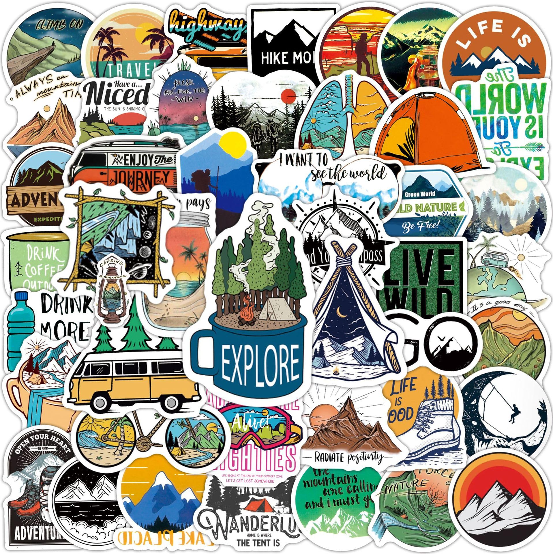 Outdoor Camping Hiking Adventure Stickers, 100pcs Waterproof Vinyl Travel Stickers for Water Bottle Laptop, Wilderness Nature Roadtrip Decals for
