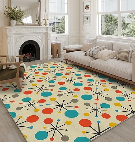 Miniatura 2 de Alfombra retro para sala de estar, dormitorio, comedor, 3 x 5 pies, moderna de mediados de siglo, moderna, atómica, antideslizante, color amarillo,