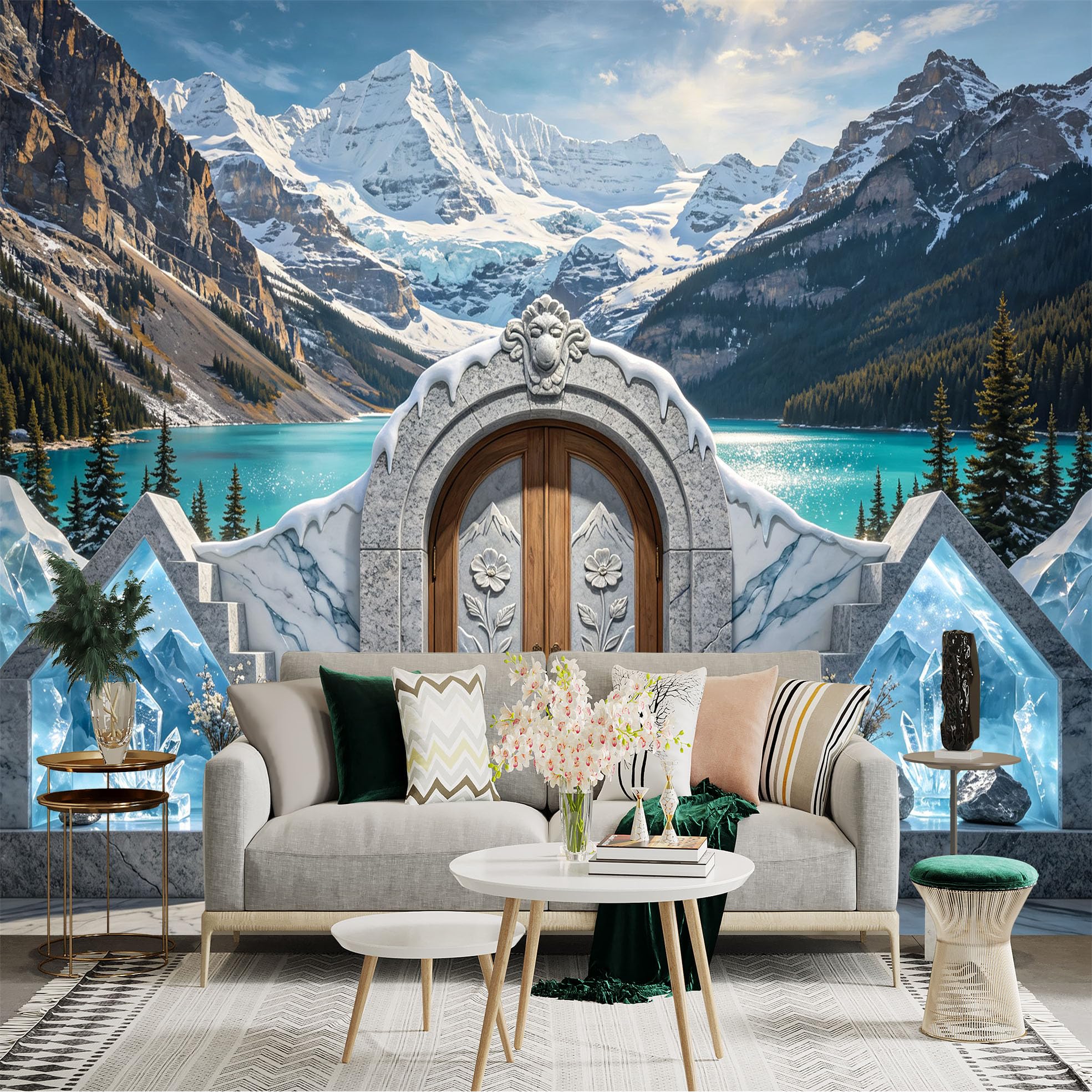 Custom Size Wall Sticker Mural， Snow Mountain Lake Scenic Door Crystal Landscape， for wall Decoration， peelandstick wall Decals.