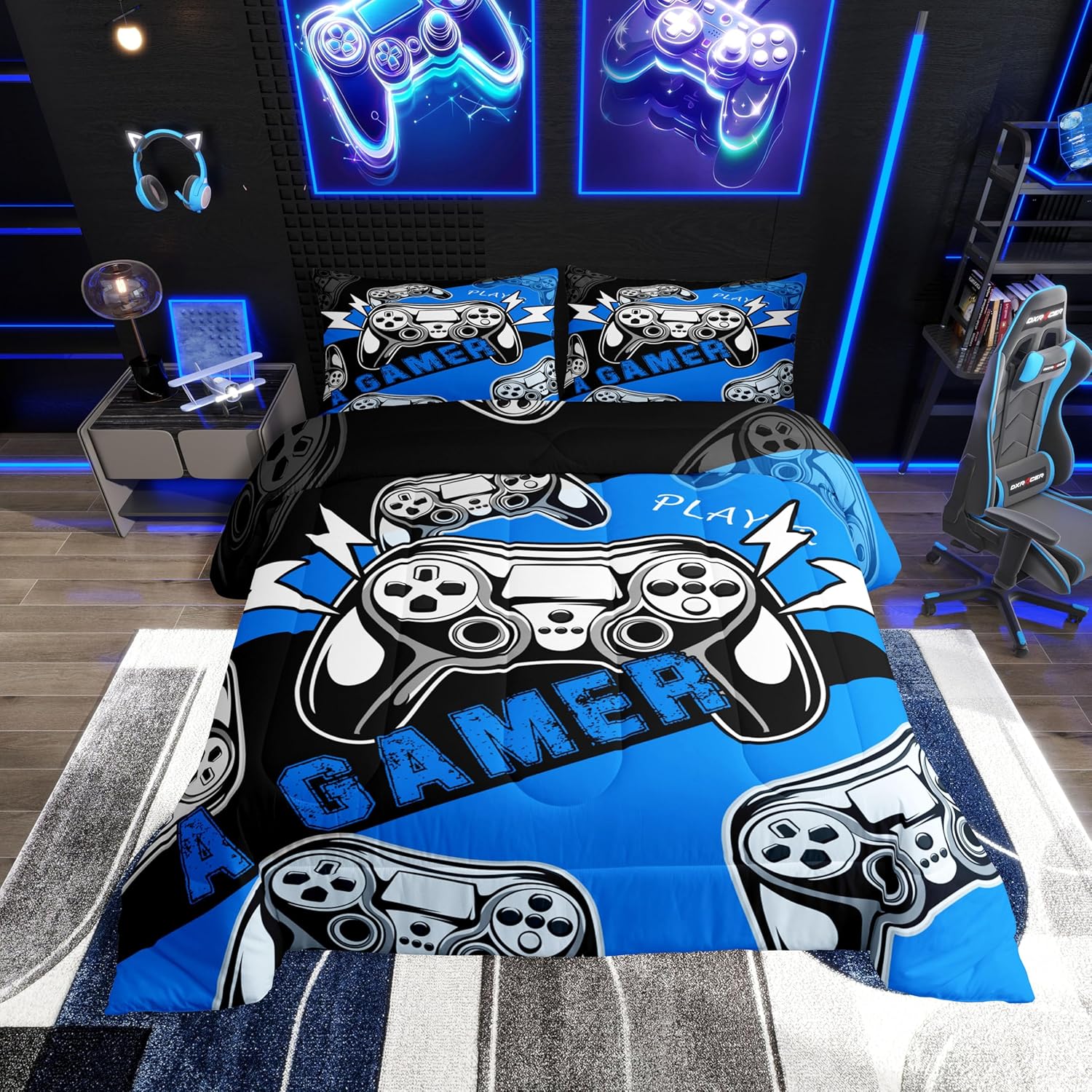 Erosebridal Twin Comforter Set for Boys Girls Kids, Gamer Comforter Set for Boys Teens, Gaming Console Bedding Decor Blue Black 2Pcs