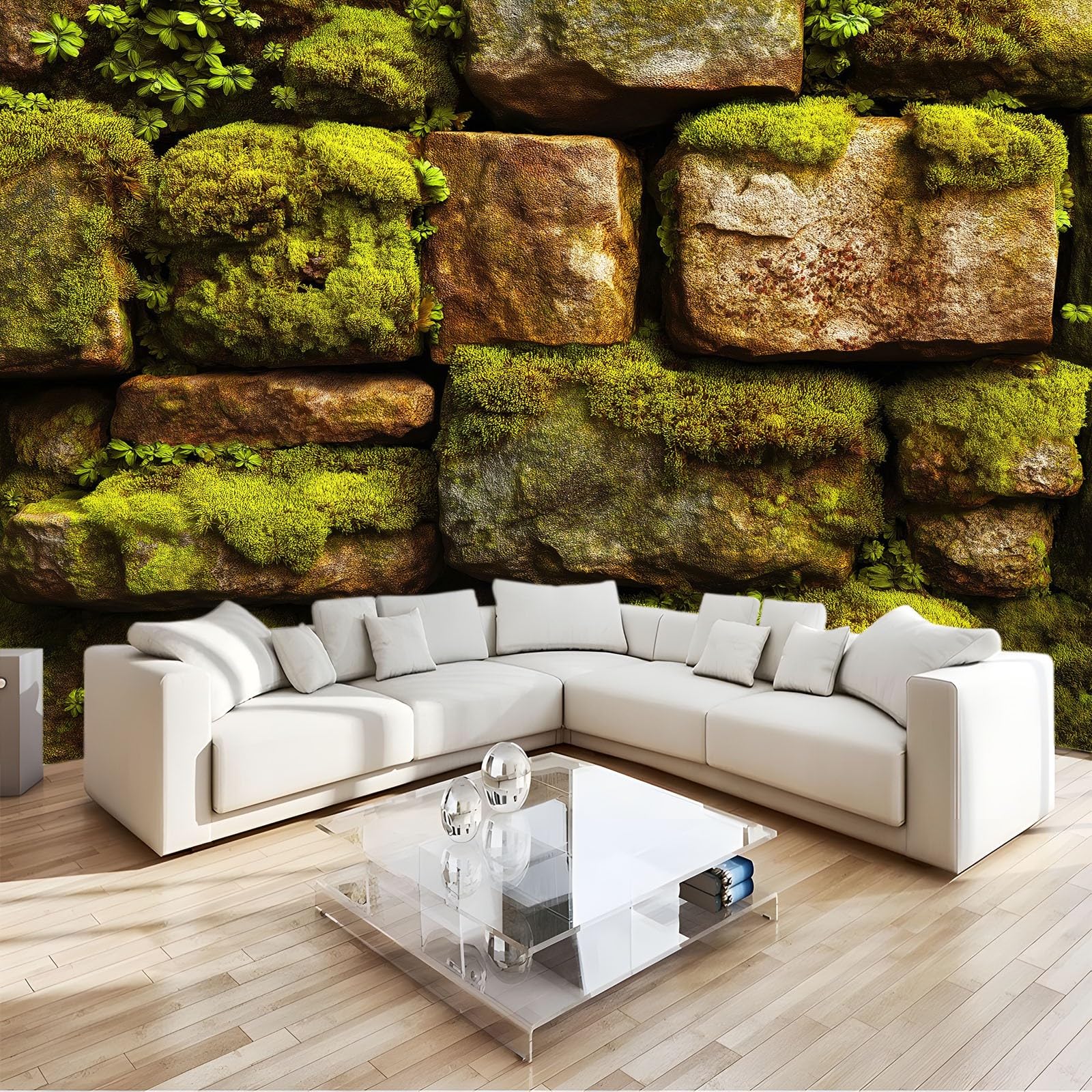 Générique Panoramiczna tapeta 200 x 140 cm nowoczesny kamień ściana mech zioła aromatyczne - tapeta z efektem 3D gobelin ścienny z włókniny - dekoracja ścienna do salonu, sypialni i kuchni zielona