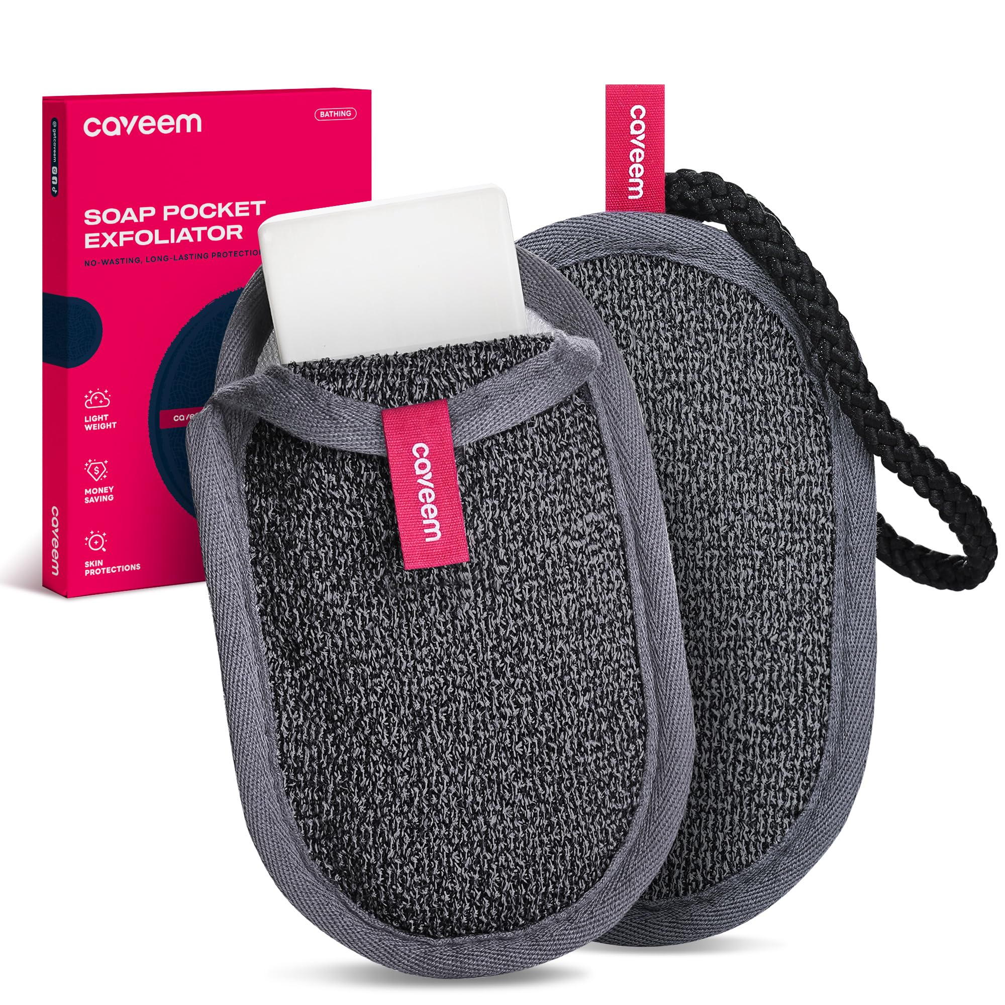 CAVEEM Seifenspender-Tasche mit Rauer Peeling-Oberfläche, Netzbeutel für Seifenstücke zur Reinigung & Trocknung, Waschbeutel mit Griff für Dusche und Bad (2er Pack)