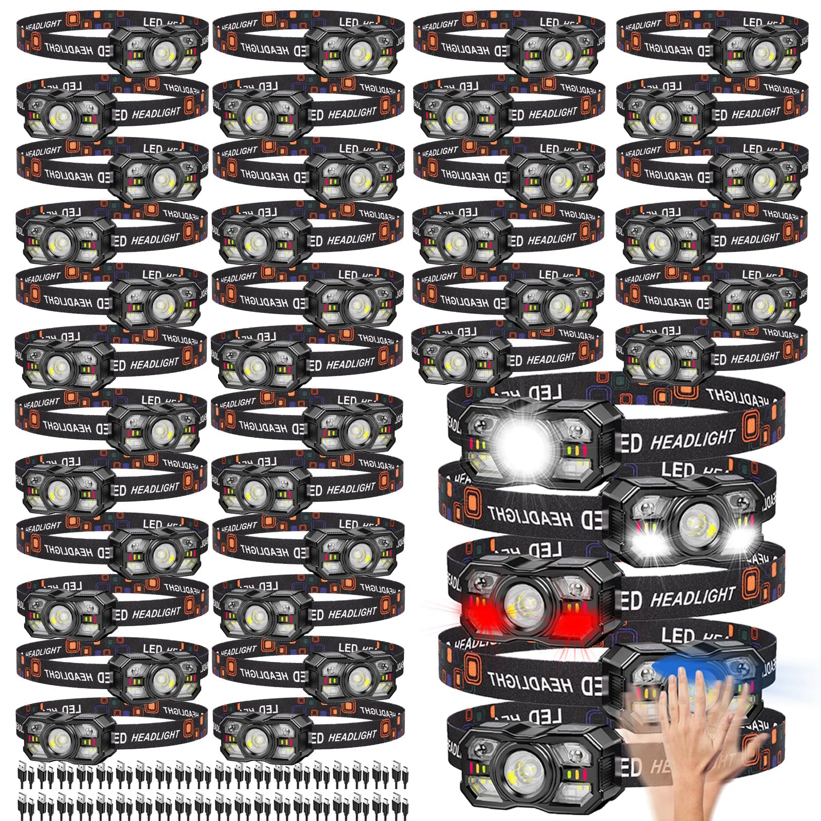 KunHe 40 Pack Rechargeable LED Head Torch with Motion Sensor, 10 Light Modes, Hands-Free Headlamp for Camping, Hiking, Running, Cycling, Fishing & Emergency Use โ image 1