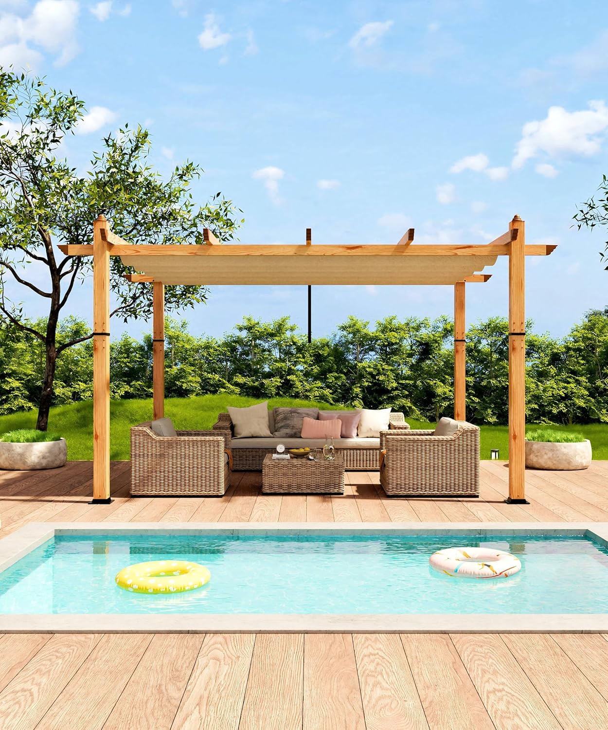 GarveeLife 10 x 13 ft Wood-Grain Aluminum Pergola Outdoor Pergola with Retractable Canopy Sun Shade Shelter for Garden, Patio, Backyard, Deck - Khaki