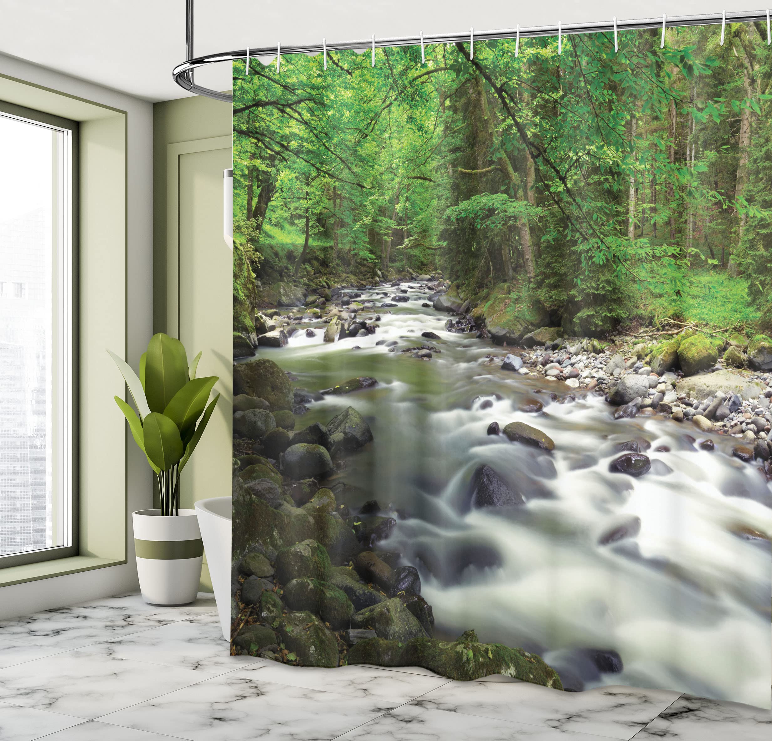 ABAKUHAUS Forest Shower Curtain, Rushing Riverbed with Rocks Trees Mountain Branches Shrubs Nature Scenery - Image 4