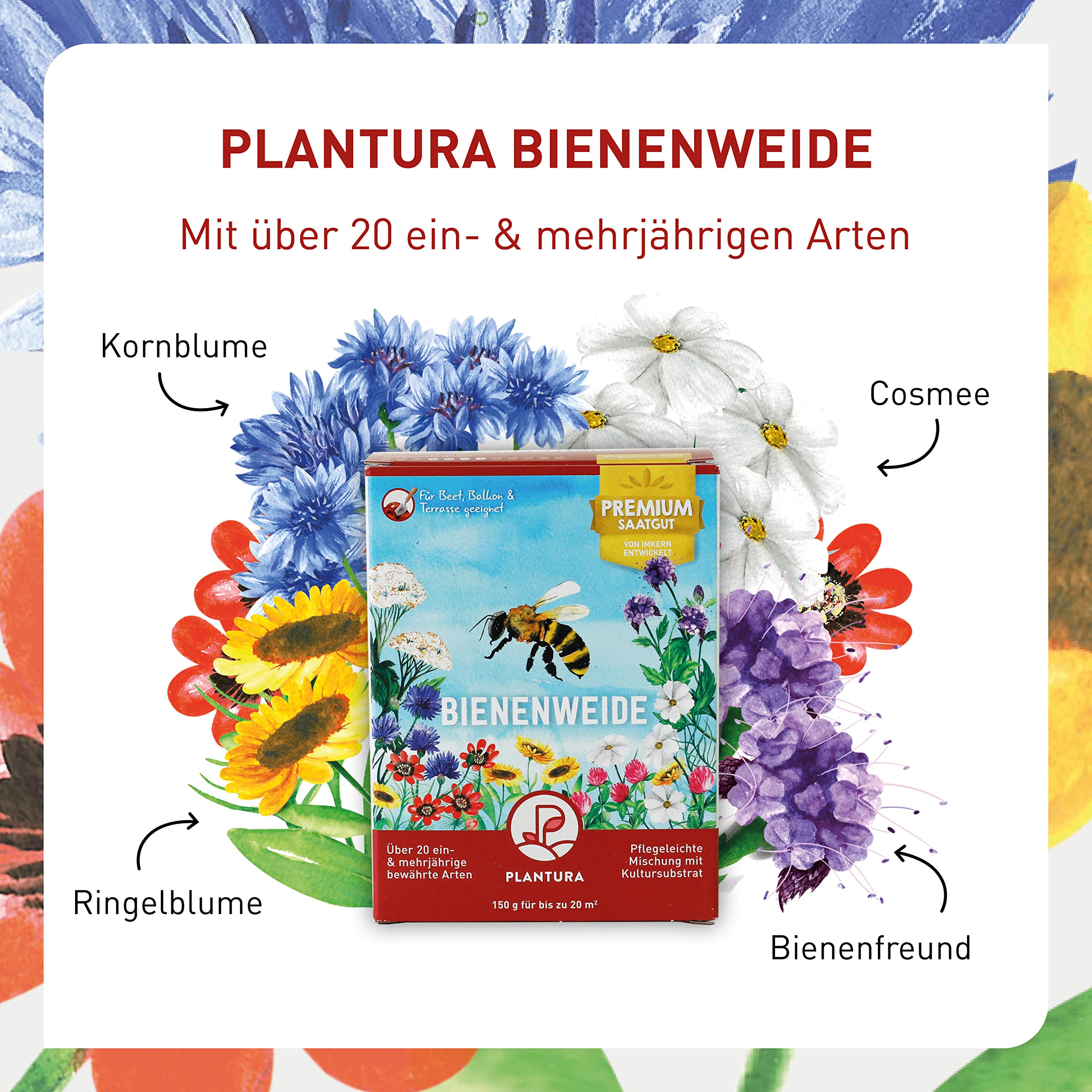 Plantura Bienenweide, blütenreiche Premium-Saatgut-Mischung für Bienen, Hummeln & Schmetterlinge, >20 heimische Sorten, ein- & mehrjährig, bienenfreundlich, pflegeleicht & nektarreich, 150 g für 20 m²