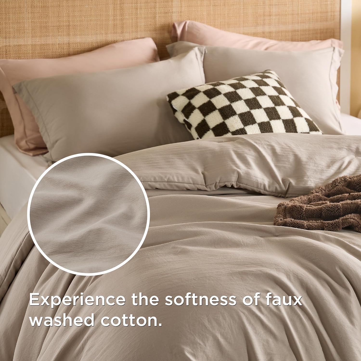 Bedsure Comforter King Size 5 Pieces - King Size Comforter Set with Checkered Throw Blanket and Decorative Pillow, Lightweiget Bedding, All Season Bedding Sets, Light Camel - Image 4