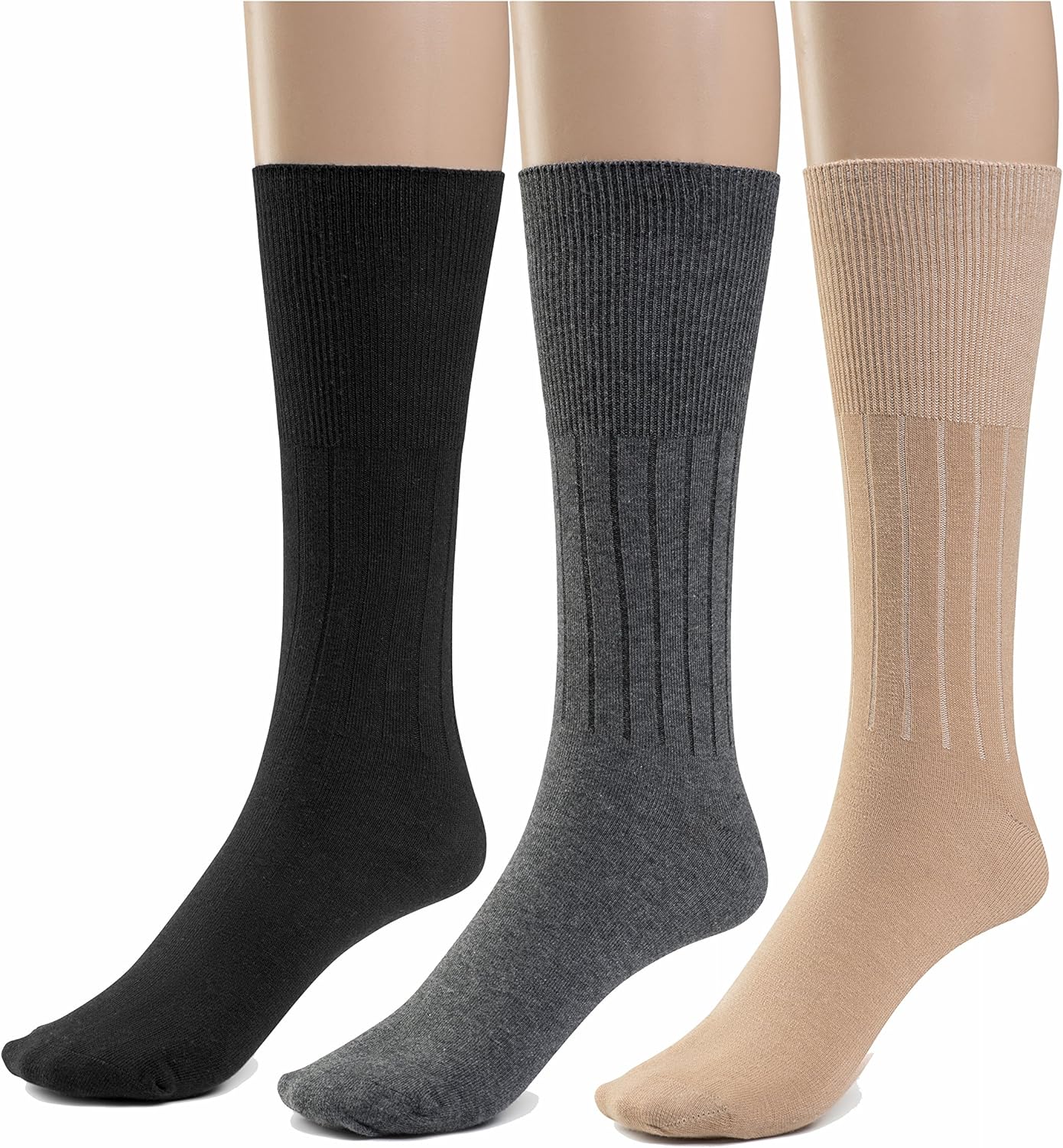 Silky Toes Cotton Diabetic Dress Socks for Men Non Binding Seamless Crew Socks, 3 or 6 Pk Multi Colors Big Sizes