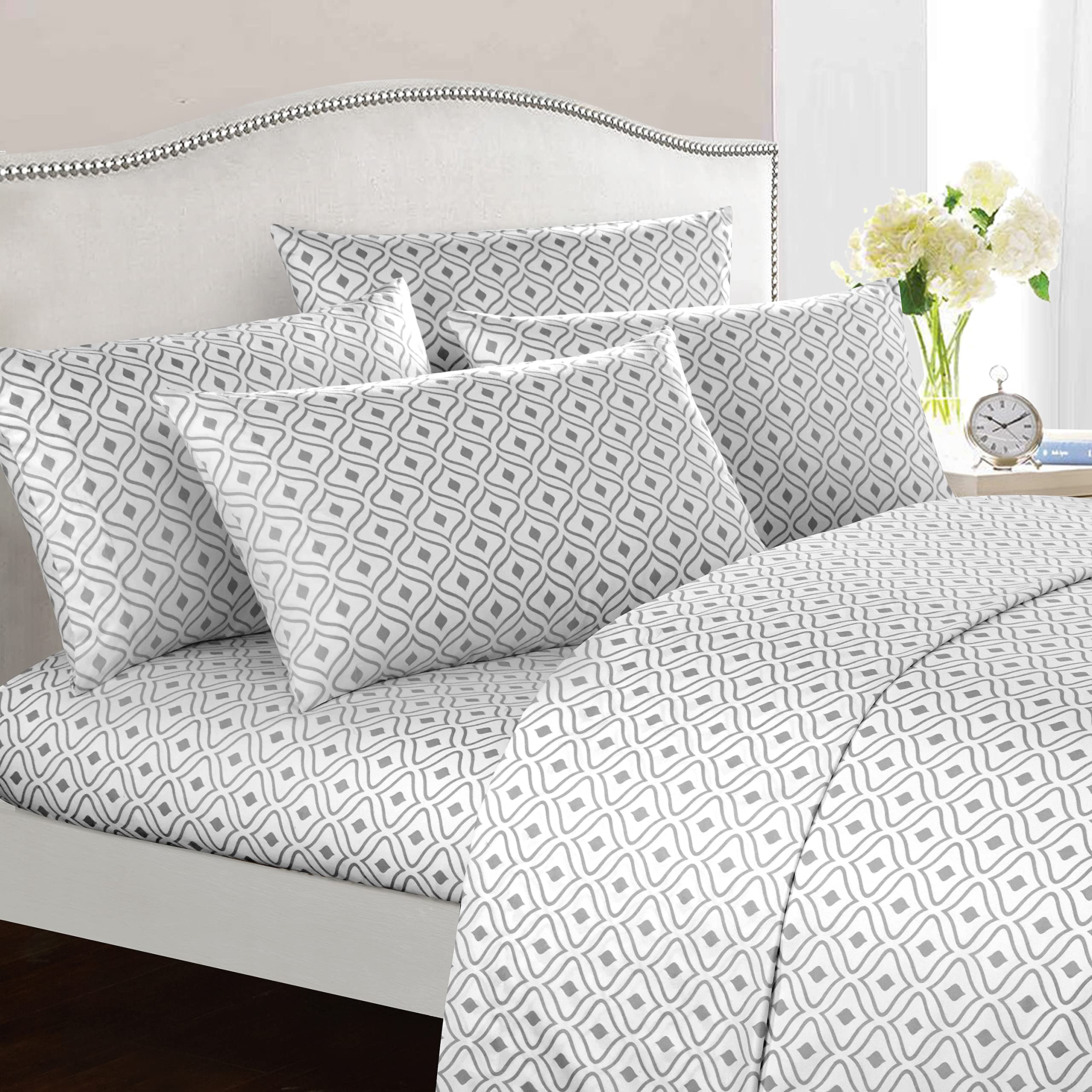 Chic HomeAyala 4 Piece Set Super Soft Two-Tone Diamond Print Geometric Pattern Deep Pocket Design – Includes Flat & Fitted Sheets and Bonus Pillowcases, Twin, Grey