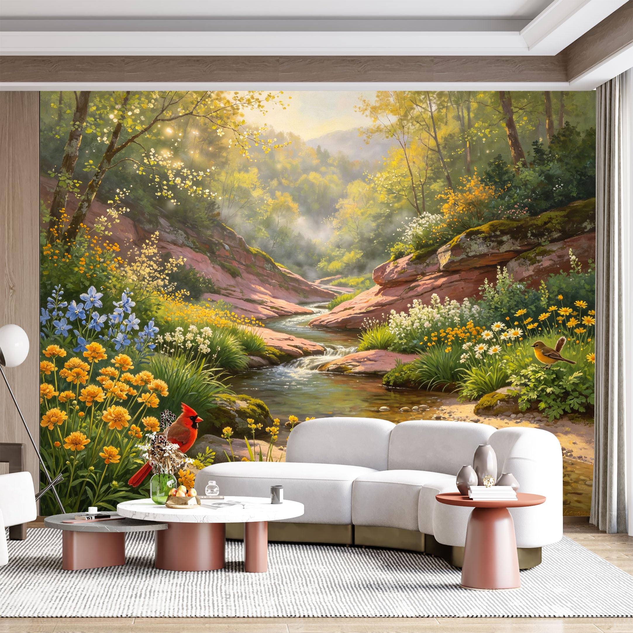 Custom Size Wall Mural Vibrant Forest Stream Tropical Birds Oil Painting SelfAdhesive Wall Fabric Removable for Home Office Decor