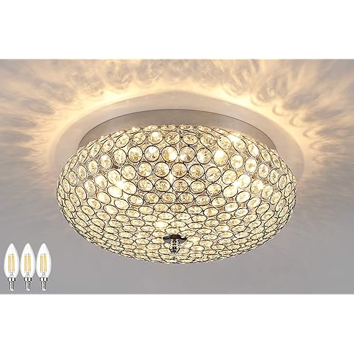 Amabao Lighting, 3-Light Chrome Finish Crystal LED Flush Mount Light Fixture, Ceiling Light Fixture for Bedroom, Living Room, Dining Room, Hallway, E12, 4WX 3 LED Bulbs Not Included