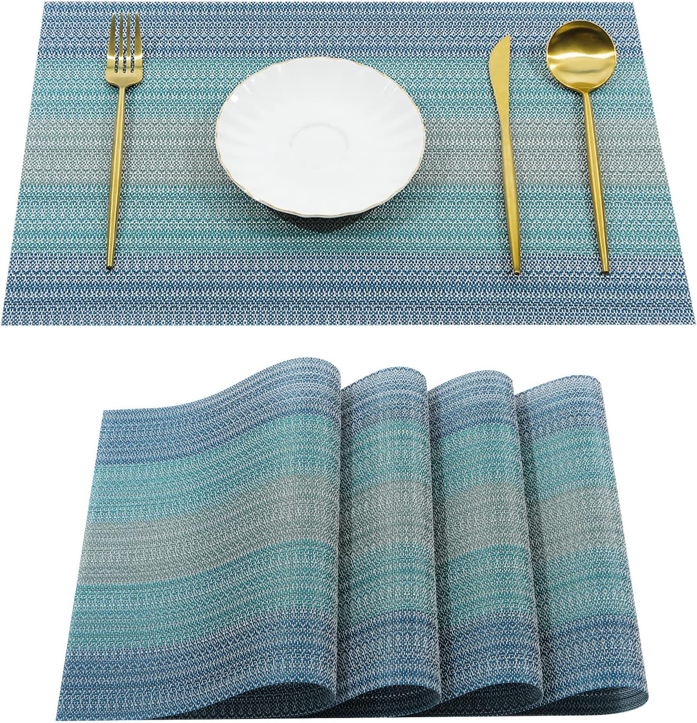 Pauwer Placemats Set of 4 Woven Placemats for Dining Table Indoor Outdoor Table Mats Heat Resistant Washable Vinyl Placemats for Kids, Blue