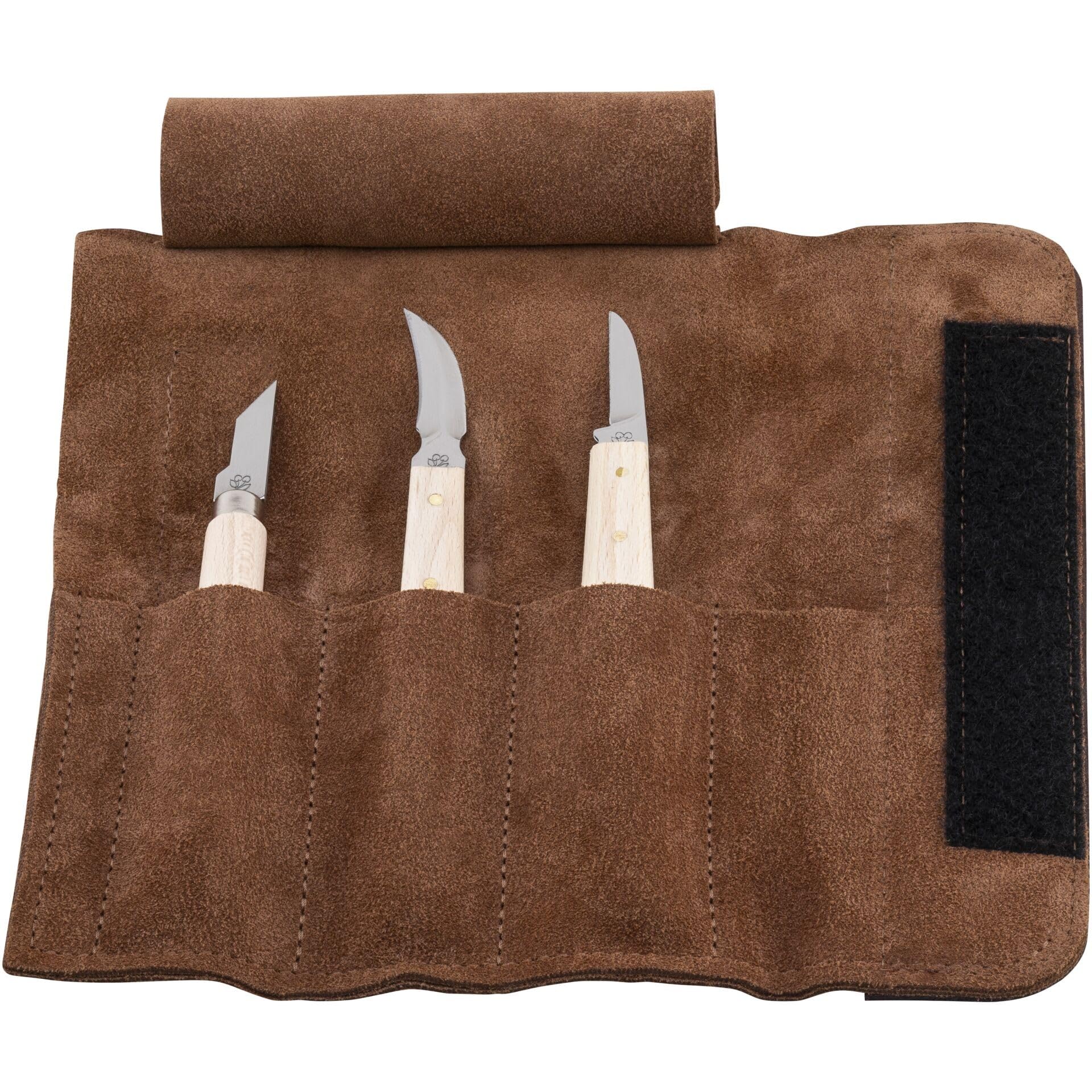 KIRSCHEN Werkzeuge 3307000 Schnitzmessersatz in Veloursleder-Tasche, 3-teilig - Kerbschnitzmesser für Anfänger & Profis