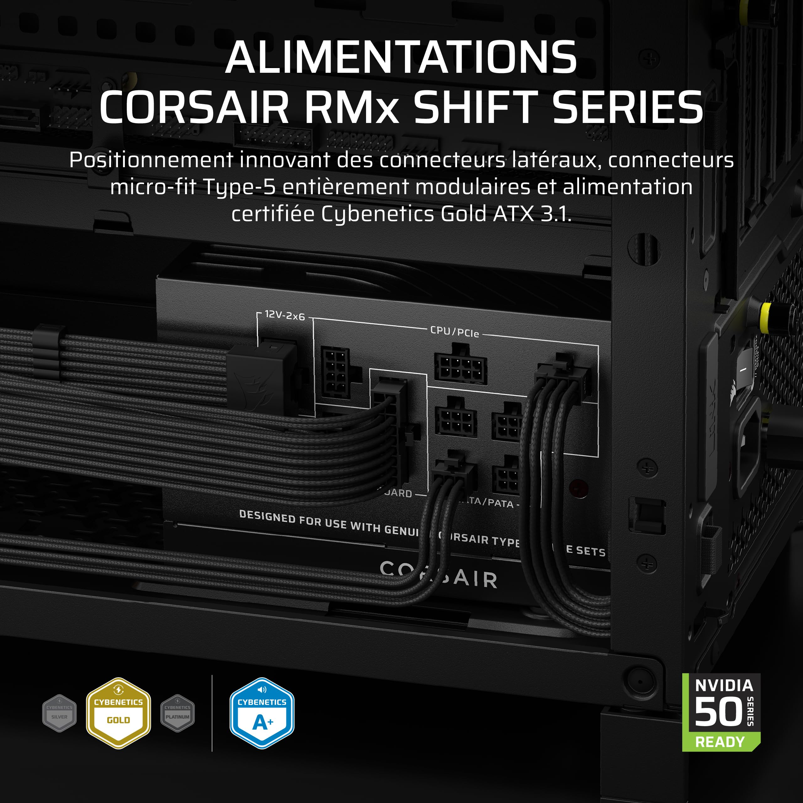 Corsair RM850x Shift Alimentation ATX entièrement modulaire - Câble 12 V-2x6 natif, ATX 3.1 et PCIe 5.1, Bouton de contrôle de la Vitesse du Ventilateur, Condensateurs Japonais, Certifié Gold - Noir