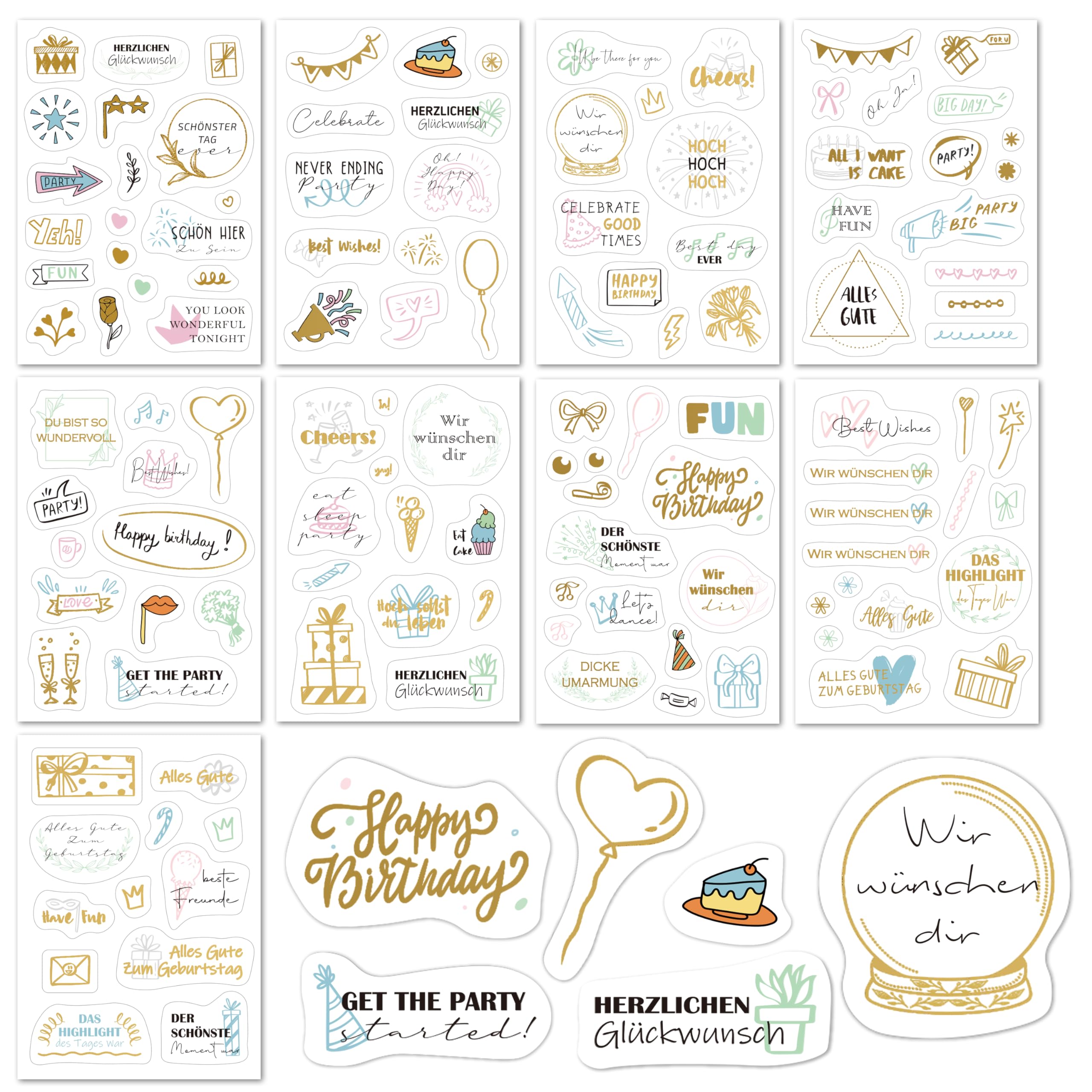 BIROYAL 9 Blätter Sticker Geburtstag Set - über 130 Aufkleber für Gästebuch Geburtstag, Fotoalbum, Geburtstagskarten & Geschenke - Geburtstag Deko voller Liebe für Kinder Erwachsene