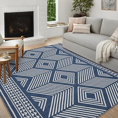 GlowSol 10x13 Area Rug Indoor/Outdoor Washable Living Room Rug, Non-Slip Tribal Neutral Large Rug, Stain Resistant Large Bedroom Stripe Accent Floor Carpet for Dining Room Office,Blue