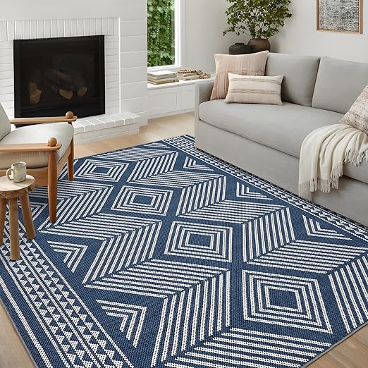GlowSol 10x13 Area Rug Indoor/Outdoor Washable Living Room Rug, Non-Slip Tribal Neutral Large Rug, Stain Resistant Large Bedroom Stripe Accent Floor Carpet for Dining Room Office,Blue