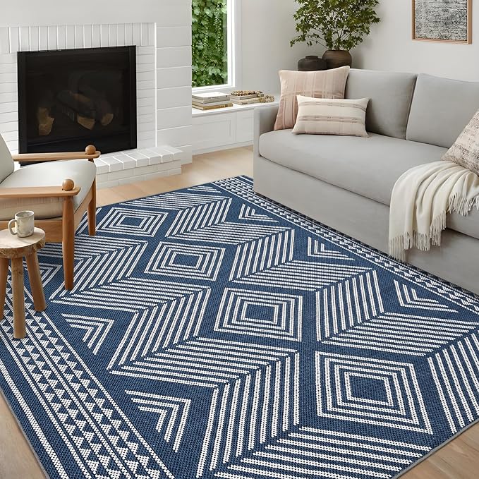 GlowSol 10x13 Area Rug Indoor/Outdoor Washable Living Room Rug, Non-Slip Tribal Neutral Large Rug, Stain Resistant Large Bedroom Stripe Accent Floor Carpet for Dining Room Office,Blue