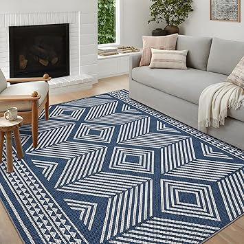 GlowSol 10x13 Area Rug Indoor/Outdoor Washable Living Room Rug, Non-Slip Tribal Neutral Large Rug, Stain Resistant Large Bedroom Stripe Accent Floor Carpet for Dining Room Office,Blue
