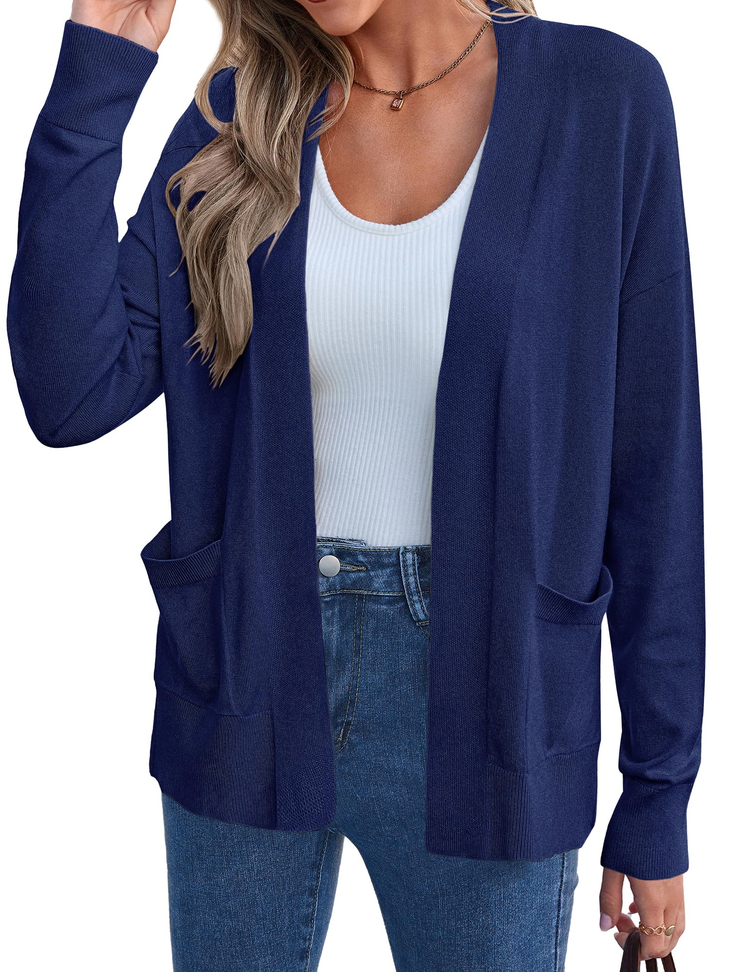 KIRUNDO Womens Fall Long Sleeve Open Front Soft Knit Cardigan with Pockets | Cozy Lightweight Sweaters, Loose Fit Drop Shoulder Coat, Basic Casual Office Work Outfits, Fashion Winter Layering Daily We