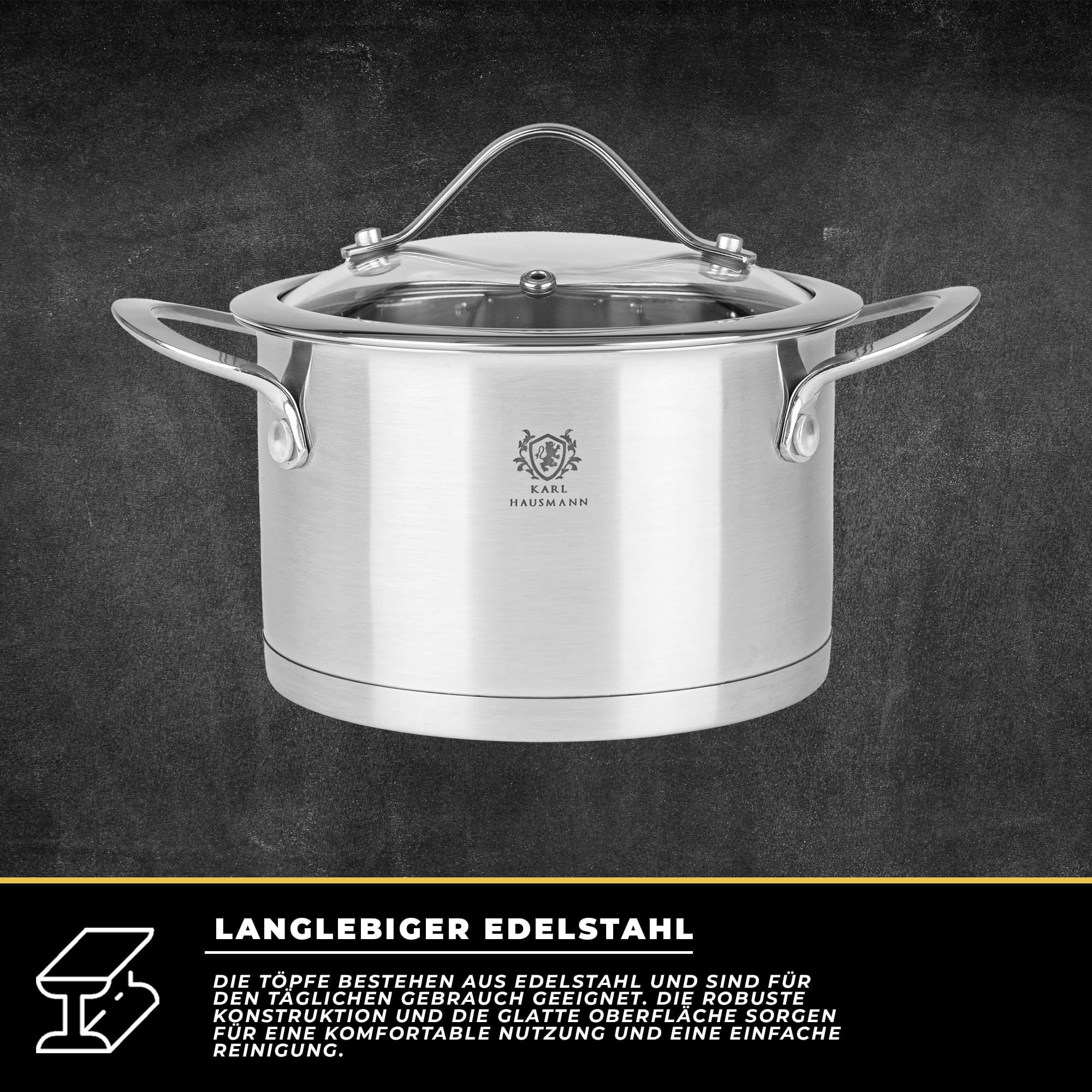 KARL HAUSMANN Topfset Induktion, 6-teilig, Edelstahl, 2 bis 3,7 L | Töpfe mit 3 Glasdeckel mit Dampföffnungen, Innenskalen, genietete Griffe, Kochtopf Set glänzende Oberfläche