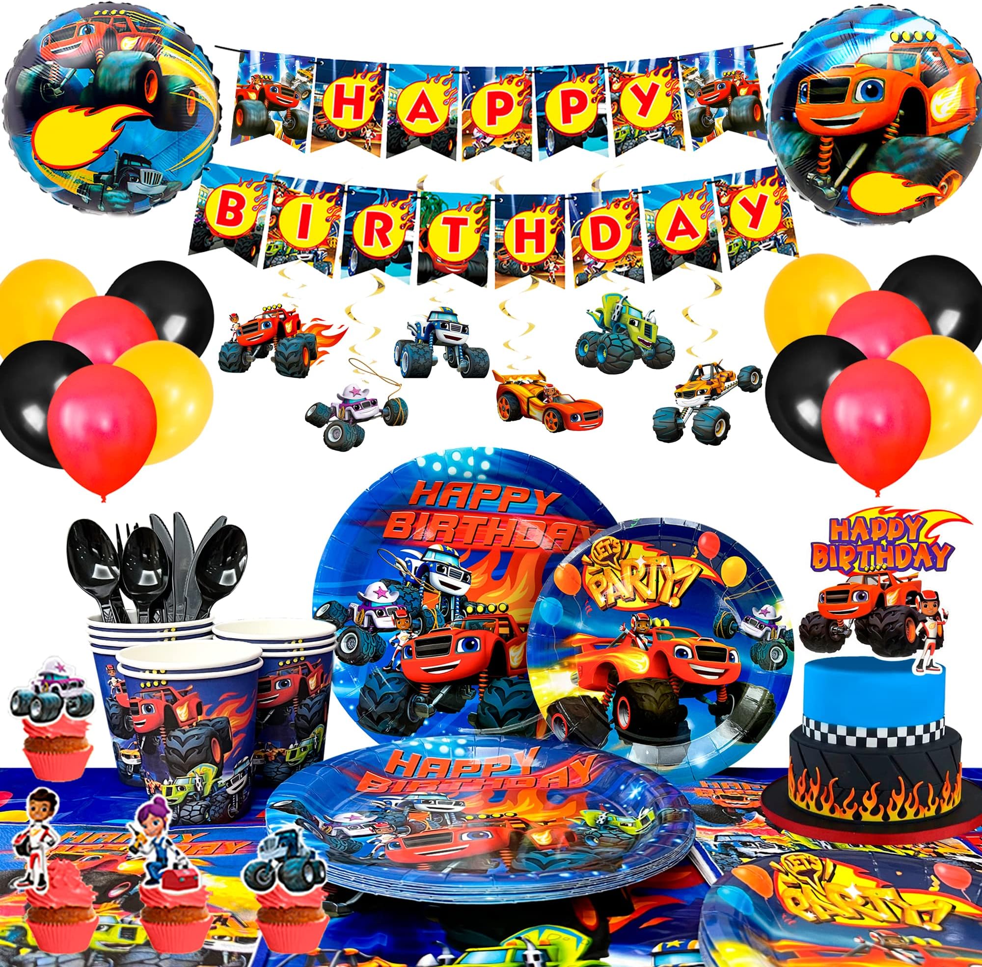 Monster Truck Birthday Party Supplies,119pcs Monster Truck Party Supplies-Monster Truck Plates and Napkins Cups Table Cloth Banner Balloons Cake Topper etc Monster Truck Party Decorations for Boys