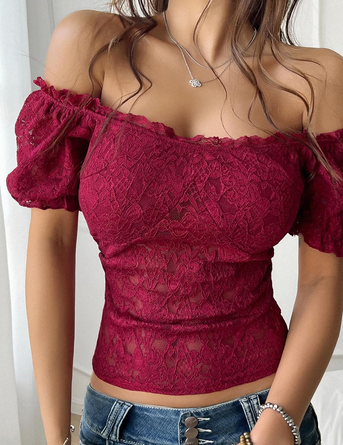 Mansy Women Off Shoulder Lace Going Out Crop Tops Sexy Slim Short Sleeve See Through Backless Crop Blouse Shirts - Image 5