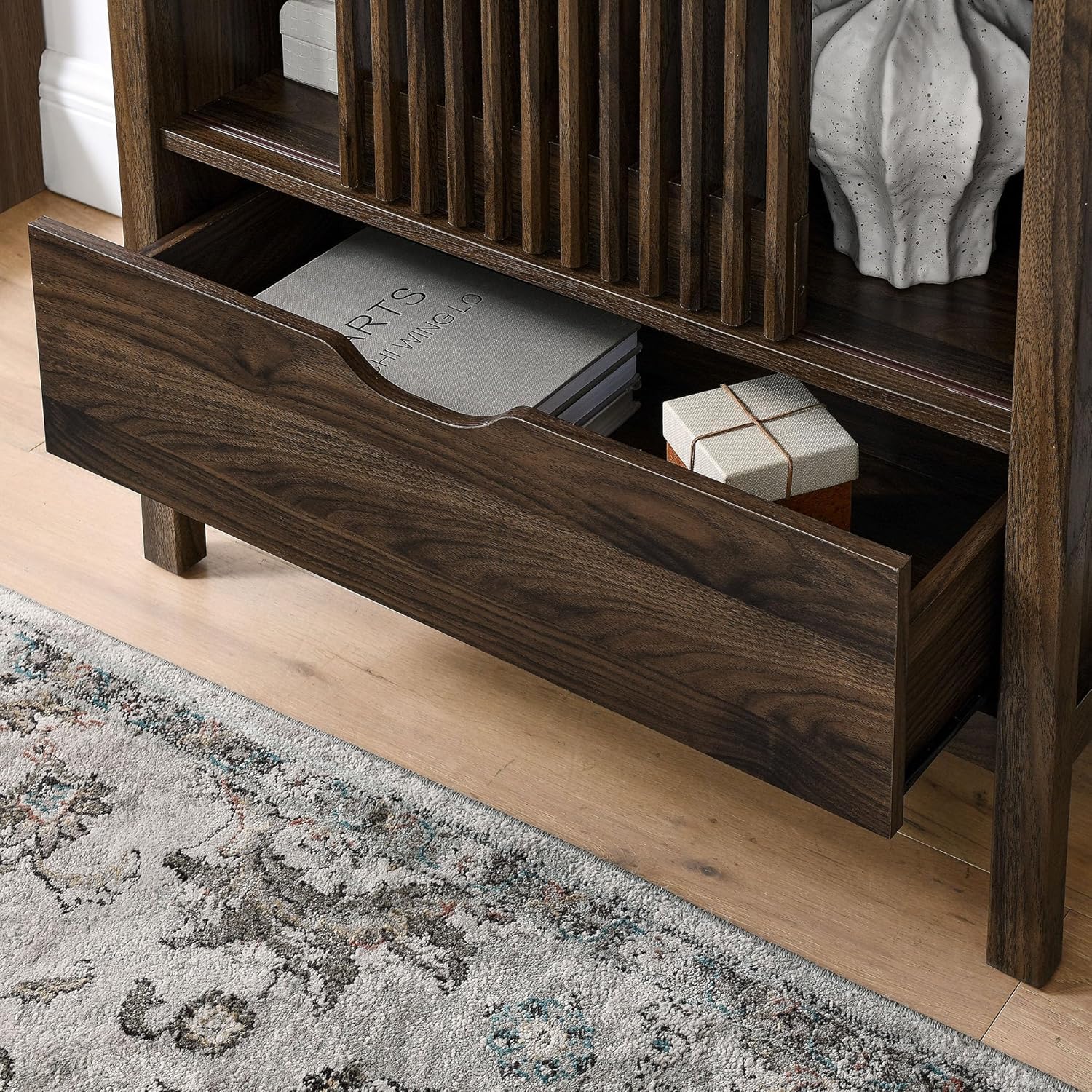 Modway Vaughn 71 Inch Arched Display Cabinet in Walnut - Modern Arch Bookcase with Drawer and Adjustable Shelves - Tall Storage Cabinet for Living Room, Dining Room, Hallway