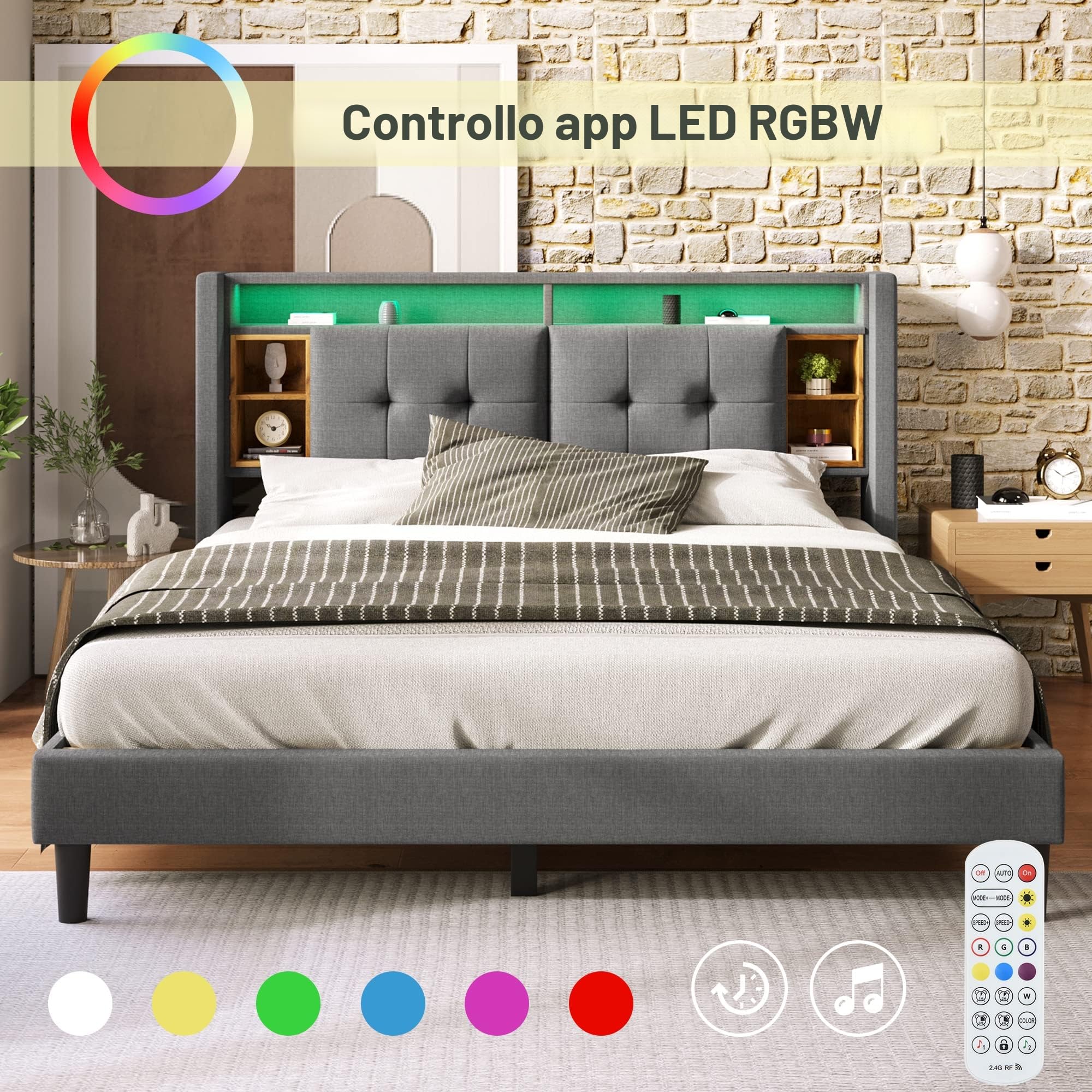 Rtopsu Letto Imbottito Letto Matrimoniale 160x200 cm con Illuminazione a LED e USB, Letti con Testiera Contenitore e Ripiani, Struttura Letti con Rete a Doghe in Legno, Lino, Grigio A, Senza Materasso