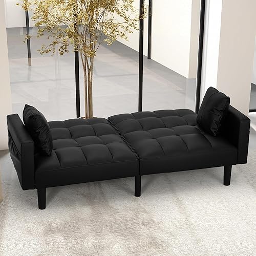 Miniatura 2 de AVAWING 74" Faux Leather Futon Sofa Bed with Adjustable Backrest 3 in 1 Convertible Futon Couch with 2 Square Pillows & Side Pockets Modern Loveseat